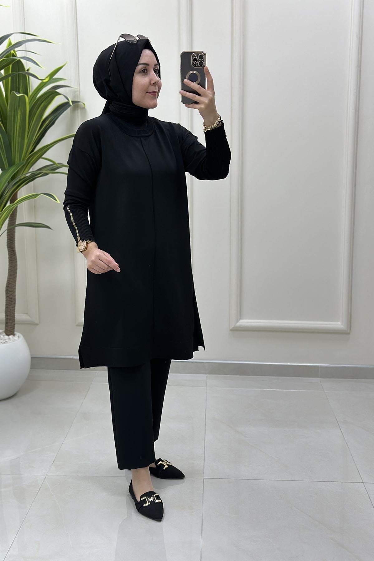 Tesettür Tunik ModelleriDüşük Omuz Kolu Fermuarlı Kadın Merserize Tunik Siyah KADO 2725017