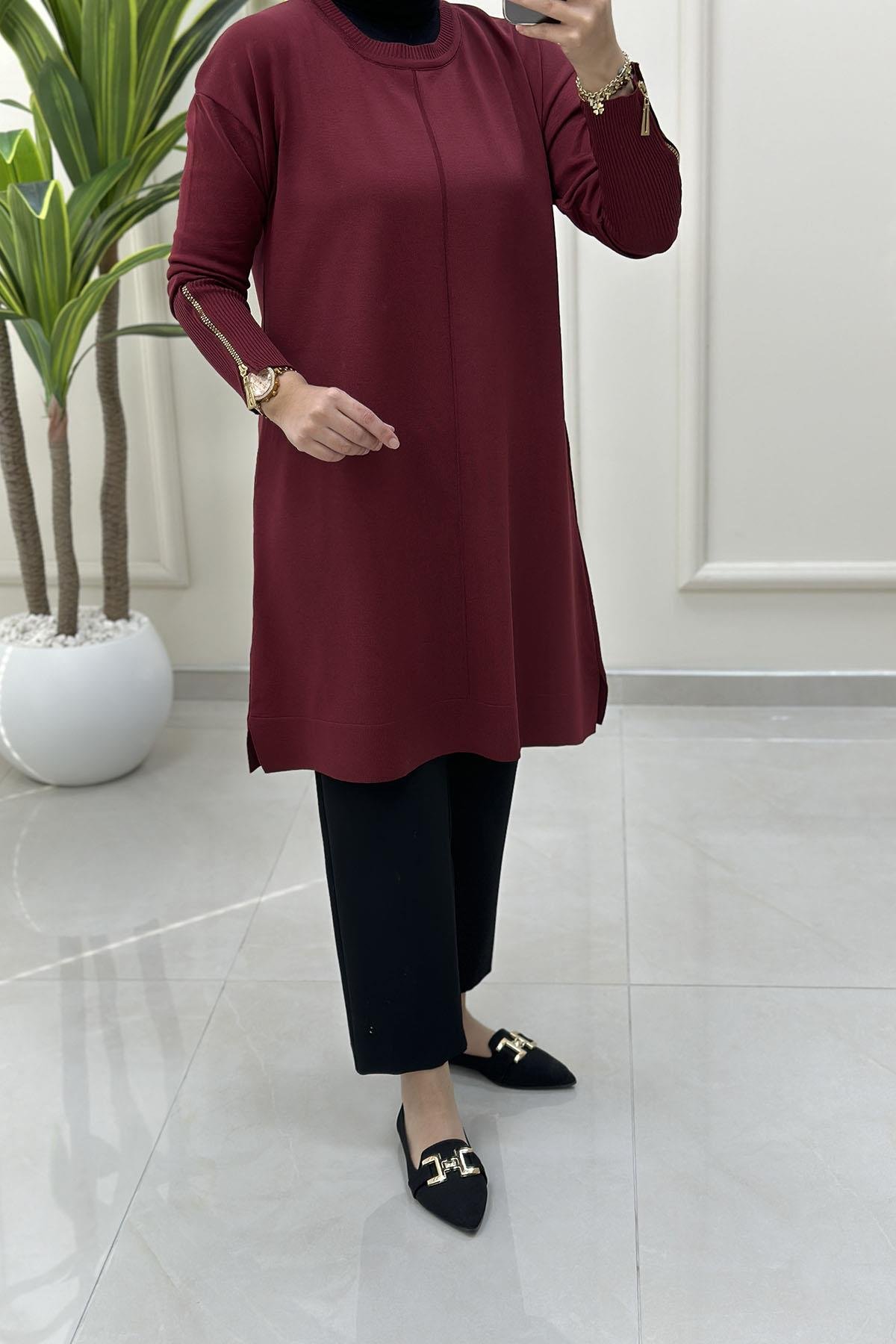 Tesettür Tunik ModelleriDüşük Omuz Kolu Fermuarlı Kadın Merserize Tunik Bordo KADO 2725017