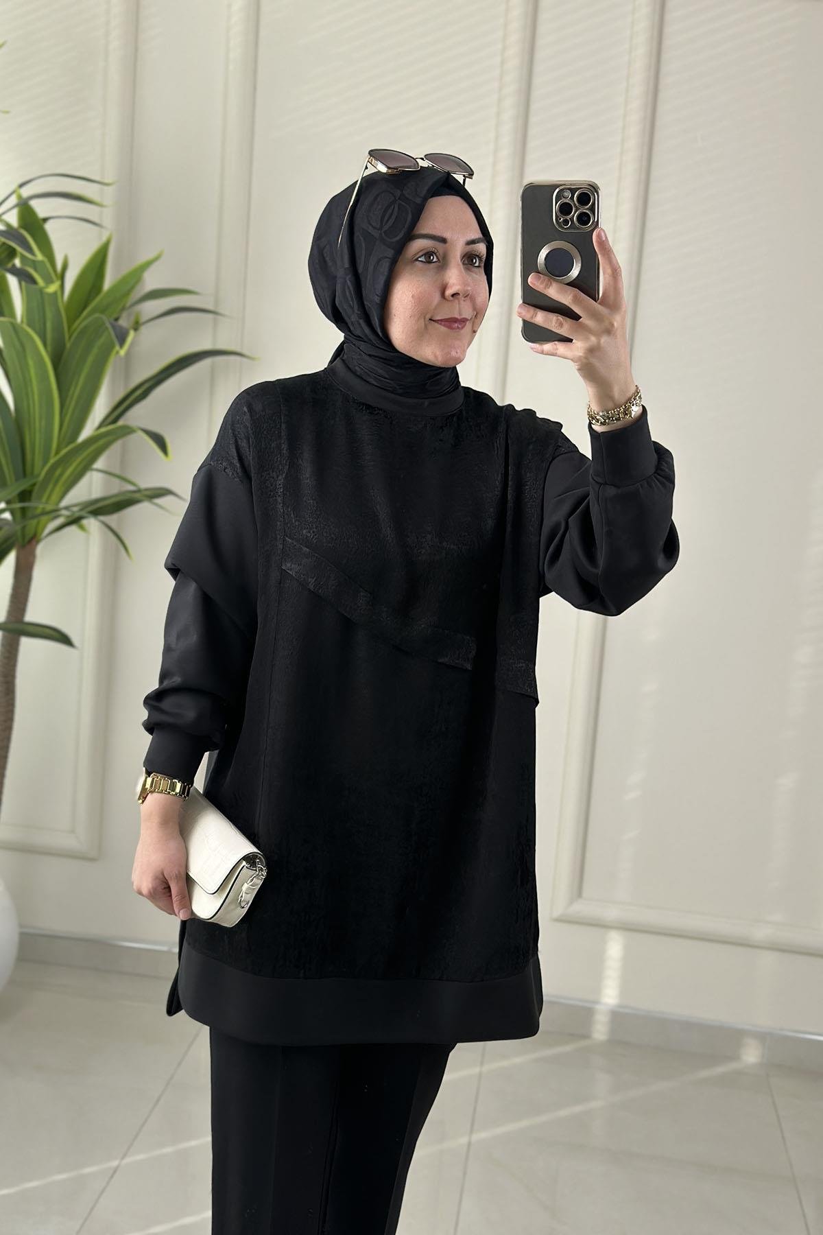 Tesettür Tunik ModelleriDüşük Omuz Kupra Kumaş Garnili Kadın Oysho Tunik Siyah MSE 3288