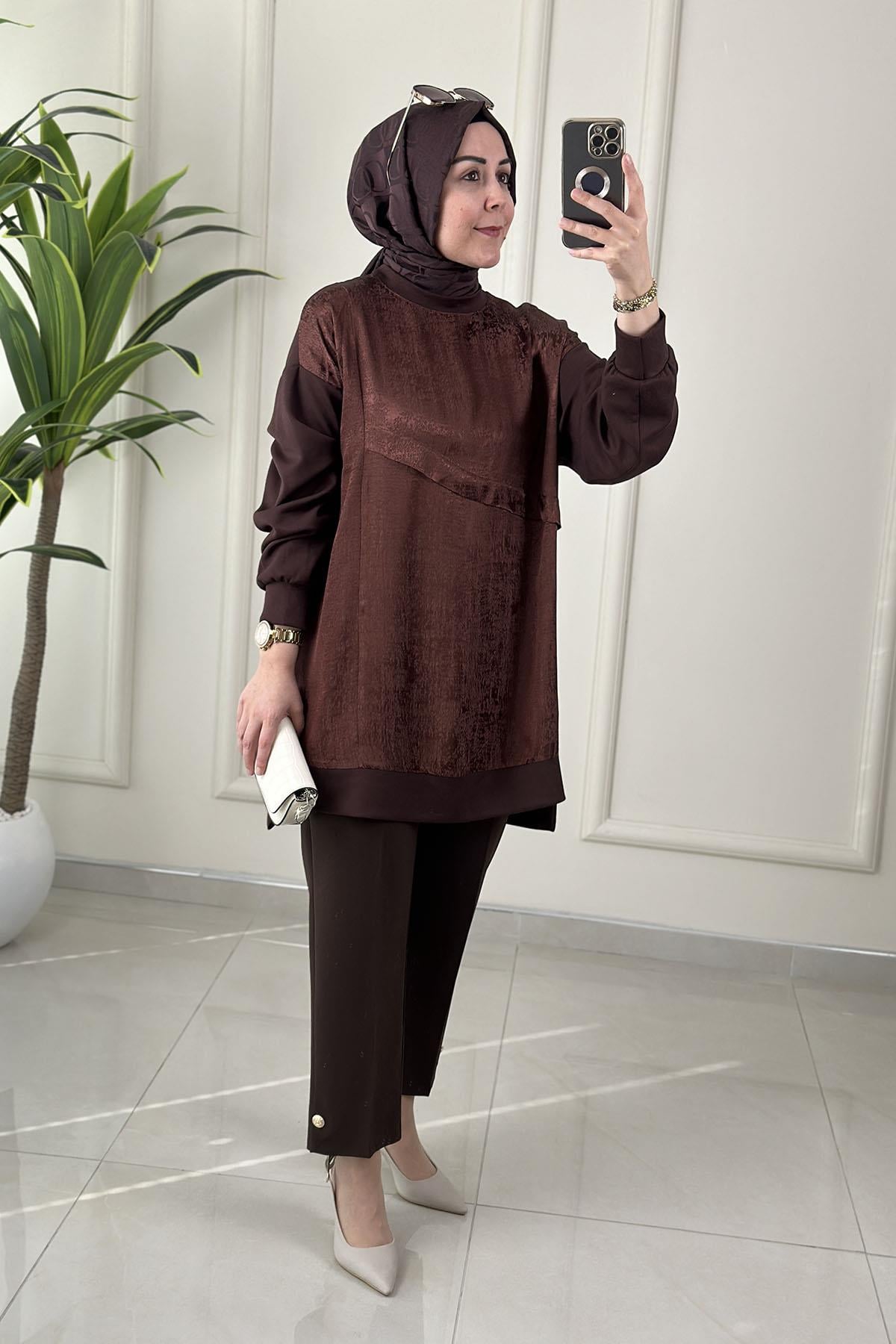 Tesettür Tunik ModelleriDüşük Omuz Kupra Kumaş Garnili Kadın Oysho Tunik Kahverengi MSE 3288