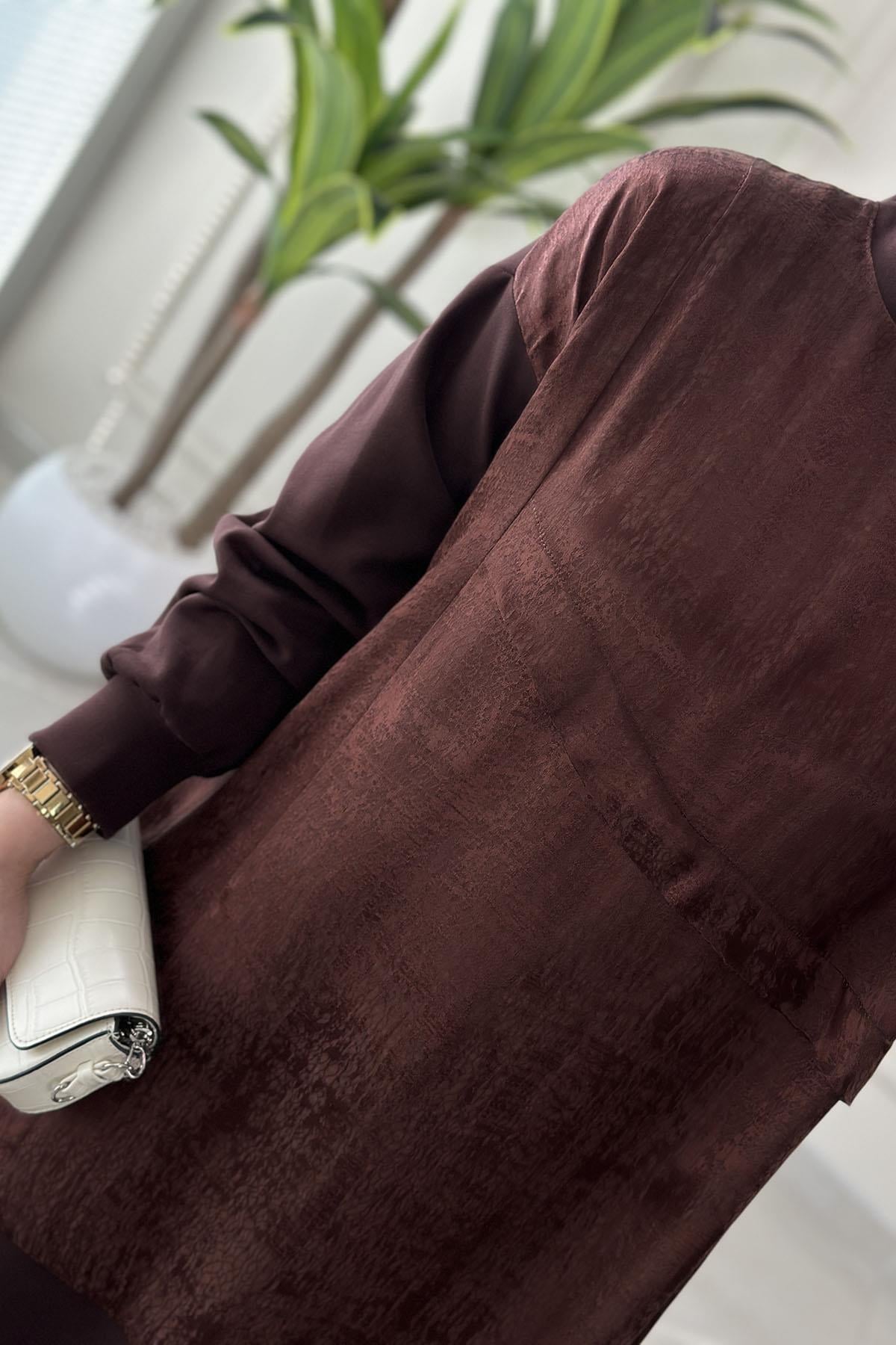 Tesettür Tunik ModelleriDüşük Omuz Kupra Kumaş Garnili Kadın Oysho Tunik Kahverengi MSE 3288