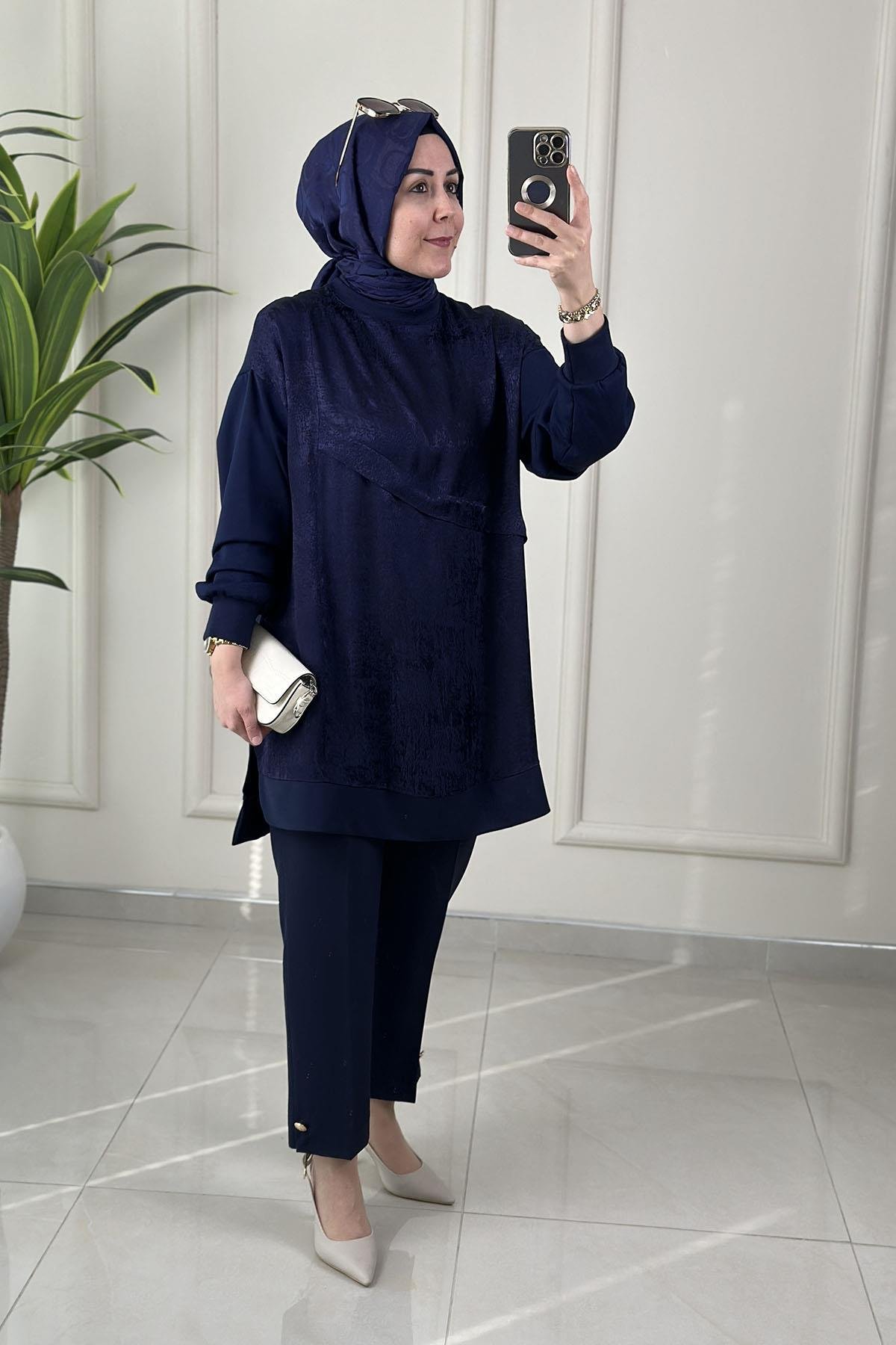 Tesettür Tunik ModelleriDüşük Omuz Kupra Kumaş Garnili Kadın Oysho Tunik Lacivert MSE 3288