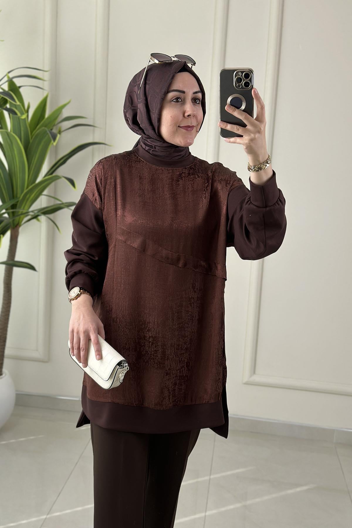Tesettür Tunik ModelleriDüşük Omuz Kupra Kumaş Garnili Kadın Oysho Tunik Kahverengi MSE 3288