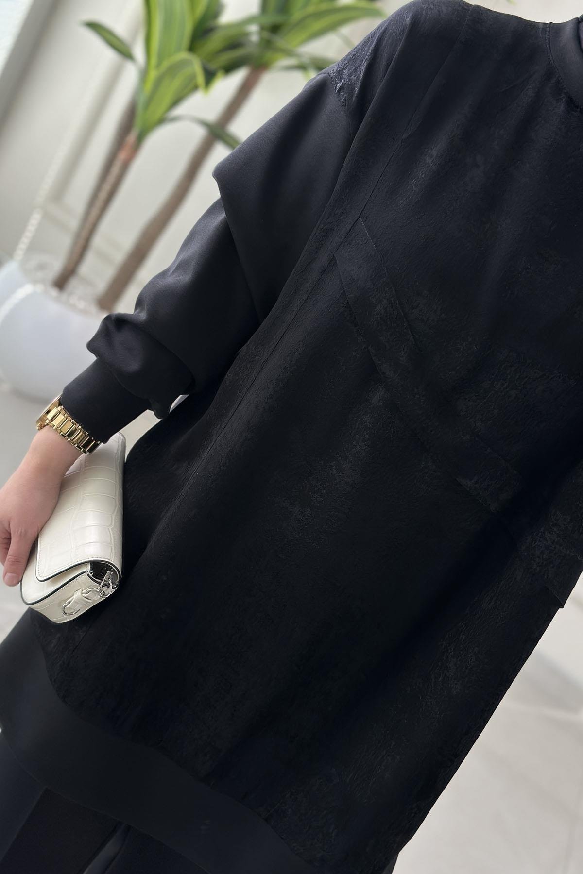 Tesettür Tunik ModelleriDüşük Omuz Kupra Kumaş Garnili Kadın Oysho Tunik Siyah MSE 3288