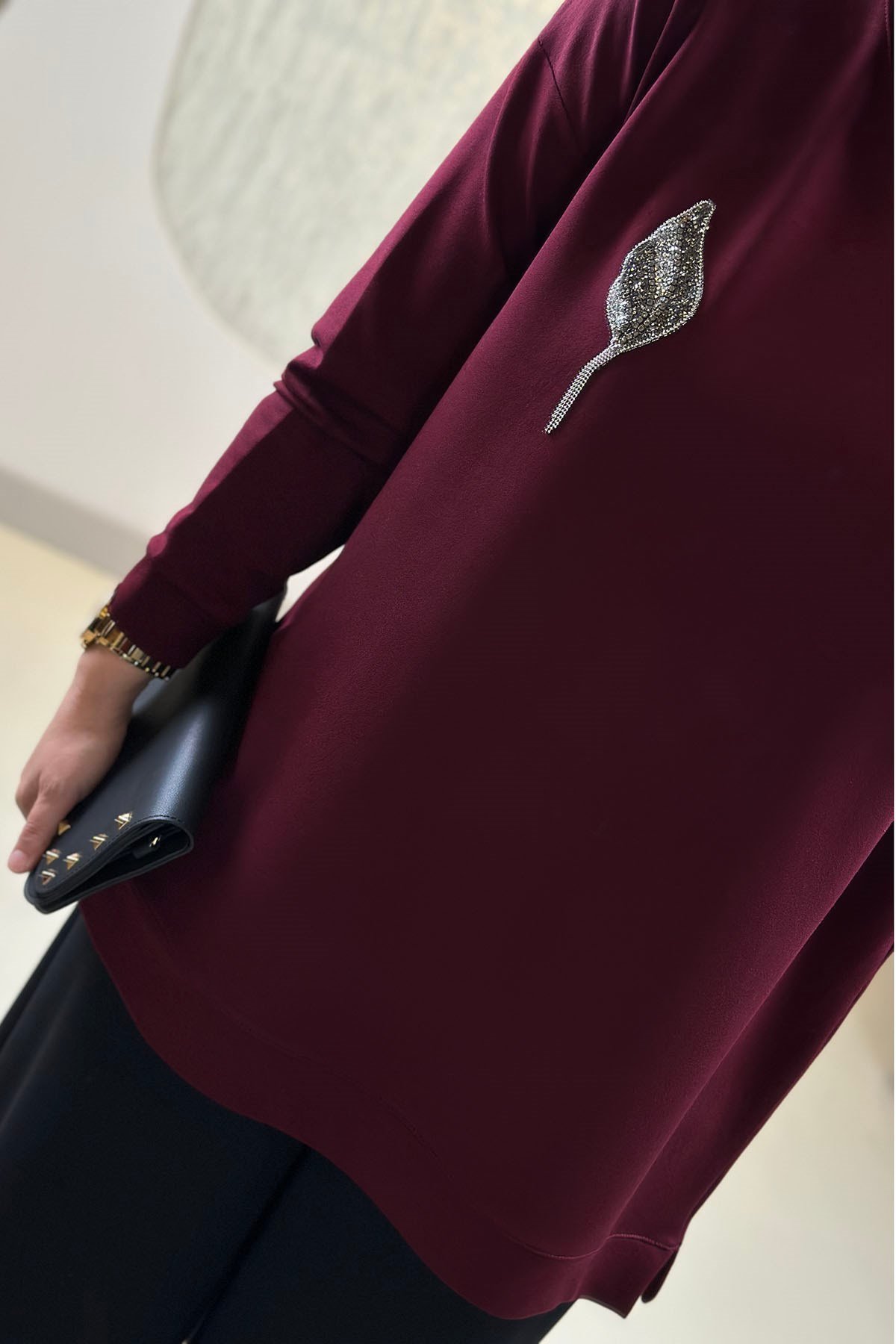 Tesettür Tunik ModelleriDüşük Omuz Lale Baskılı Basic Kadın Oysho Tunik Bordo KADO 268318