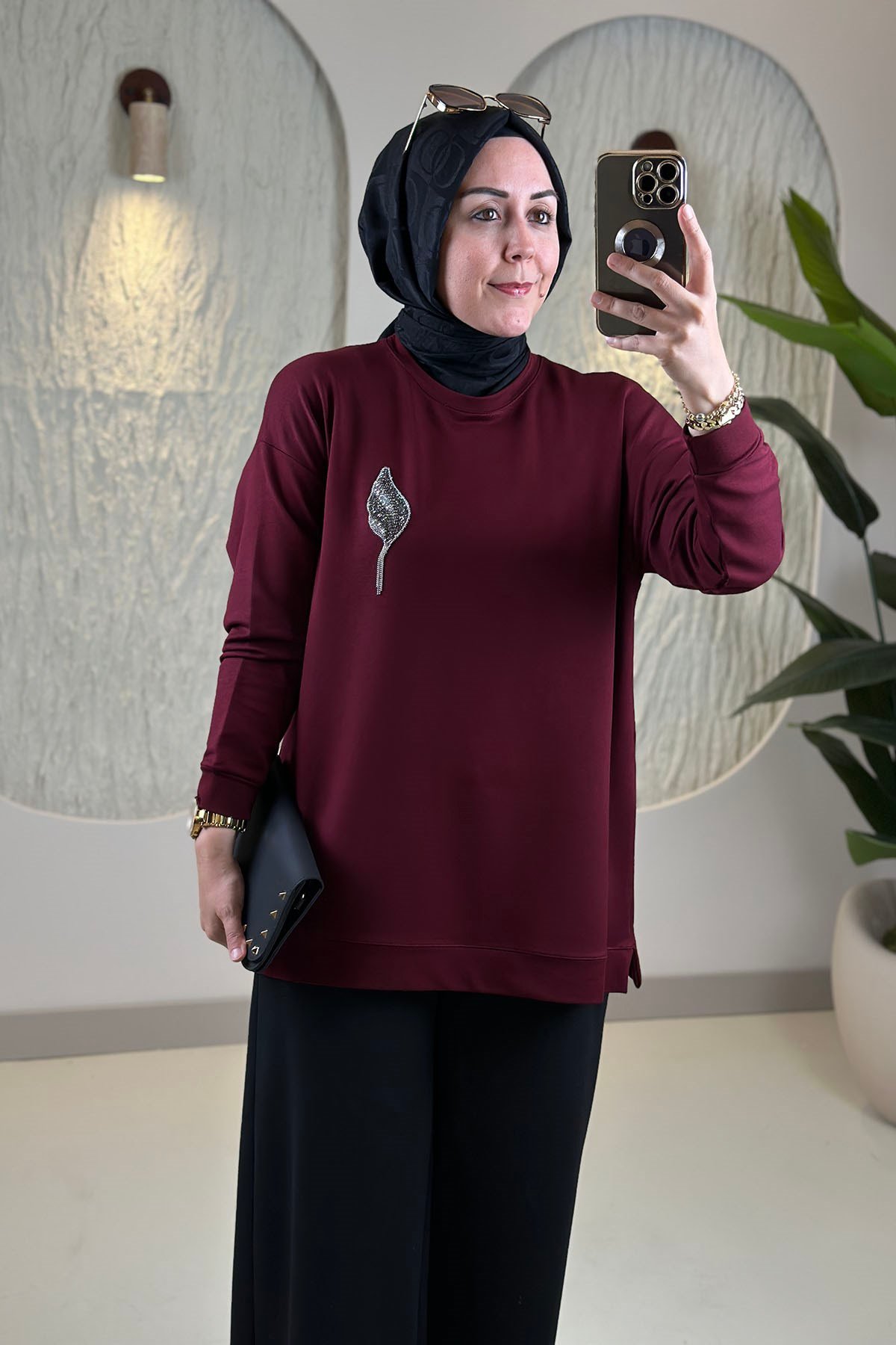 Tesettür Tunik ModelleriDüşük Omuz Lale Baskılı Basic Kadın Oysho Tunik Bordo KADO 268318