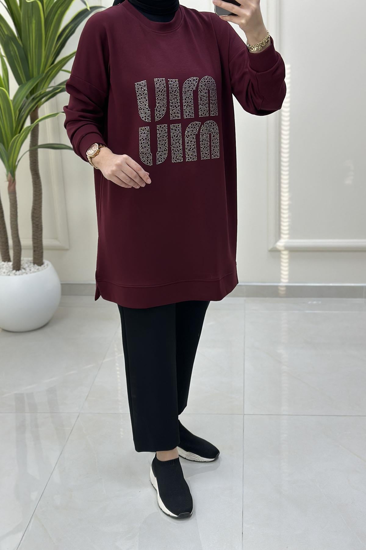 Tesettür Tunik ModelleriDüşük Omuz Önü Taş Detaylı Kadın Oysho Tunik Bordo MLH 8003