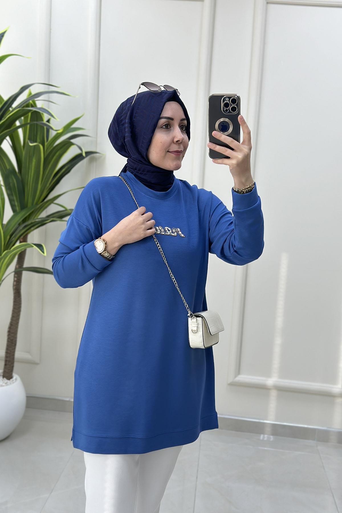 Tesettür Tunik ModelleriDüşük Omuz Önü Taş Detaylı Kadın Oysho Tunik Mavi KADO 257340