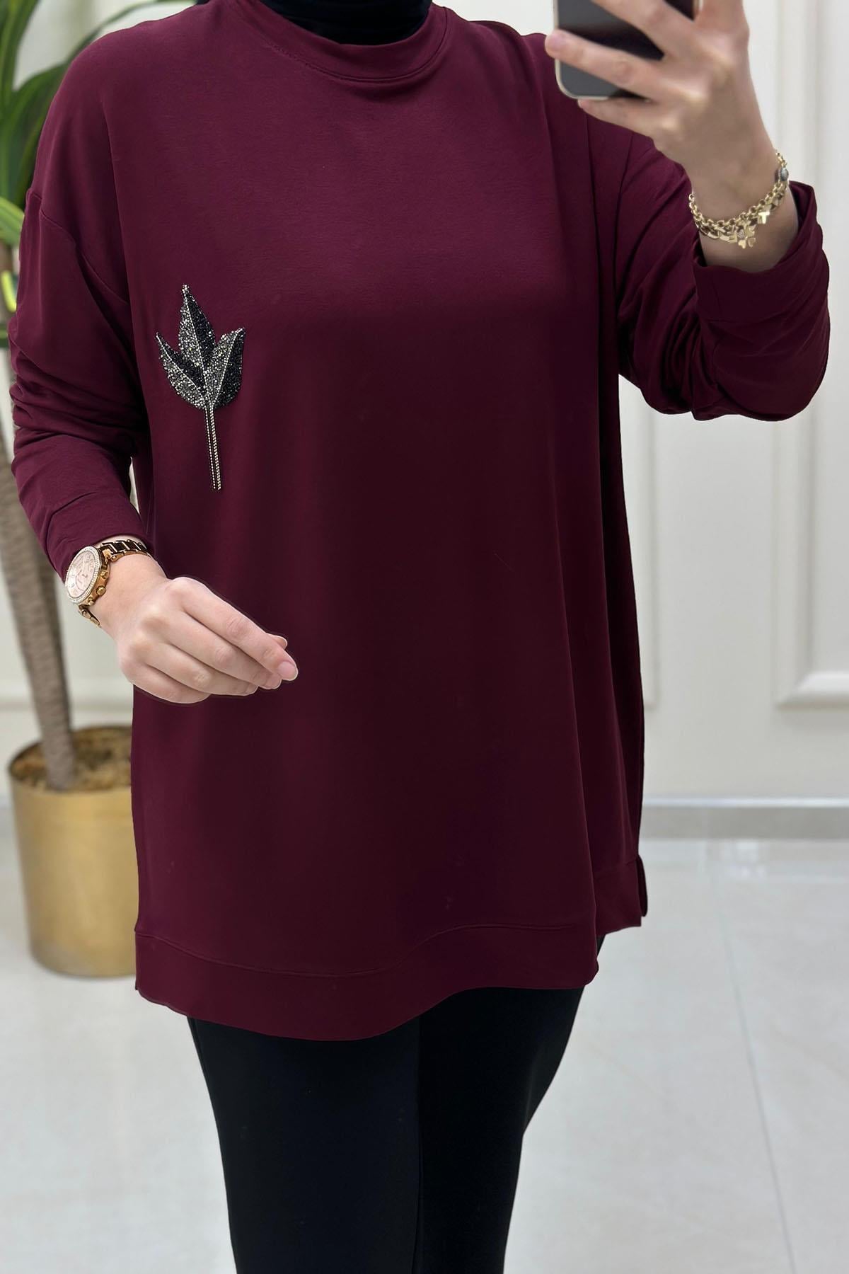 Tesettür Tunik ModelleriDüşük Omuz Önü Laleli Kadın Tunik Bordo KADO 9667