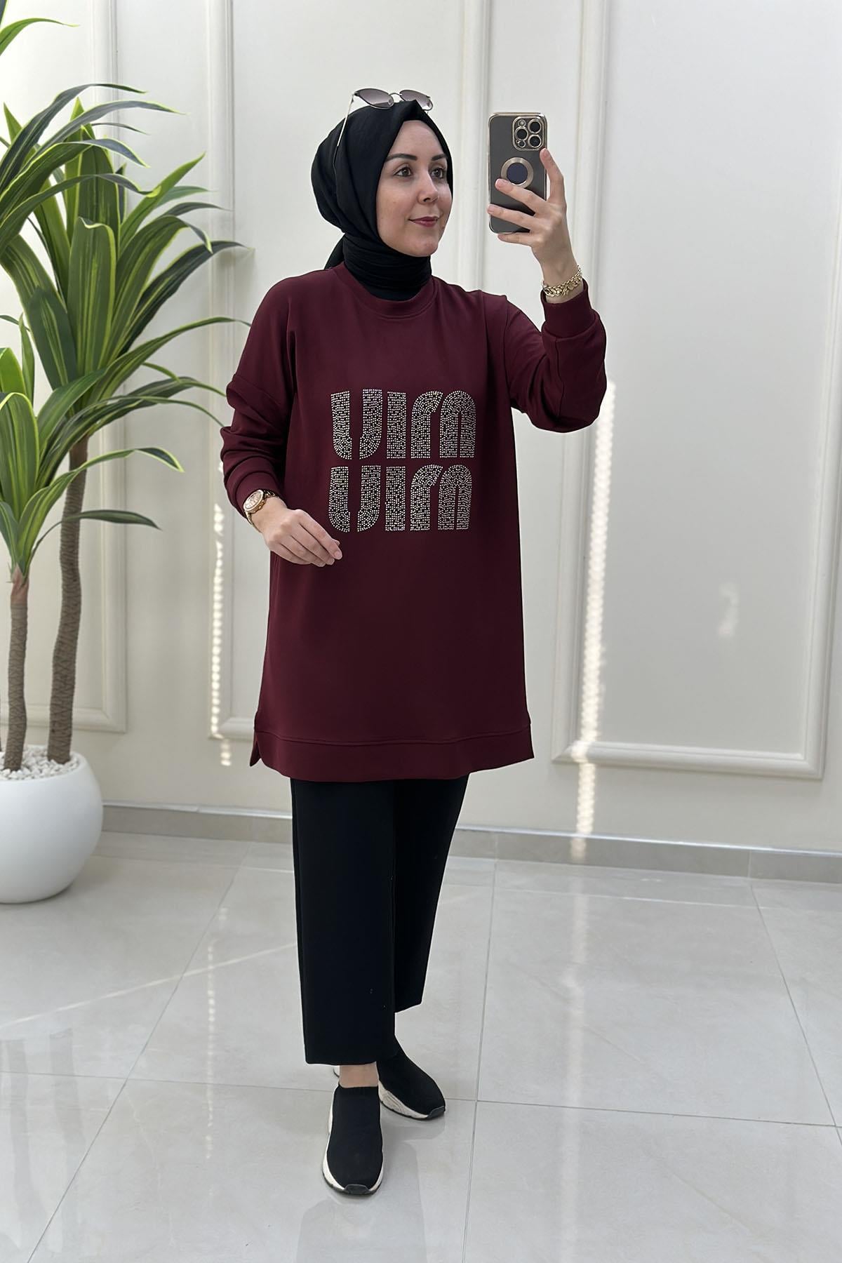 Tesettür Tunik ModelleriDüşük Omuz Önü Taş Detaylı Kadın Oysho Tunik Bordo MLH 8003