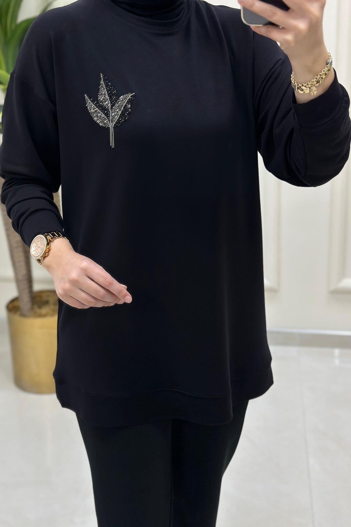 Tesettür Tunik ModelleriDüşük Omuz Önü Laleli Kadın Tunik Siyah KADO 9667
