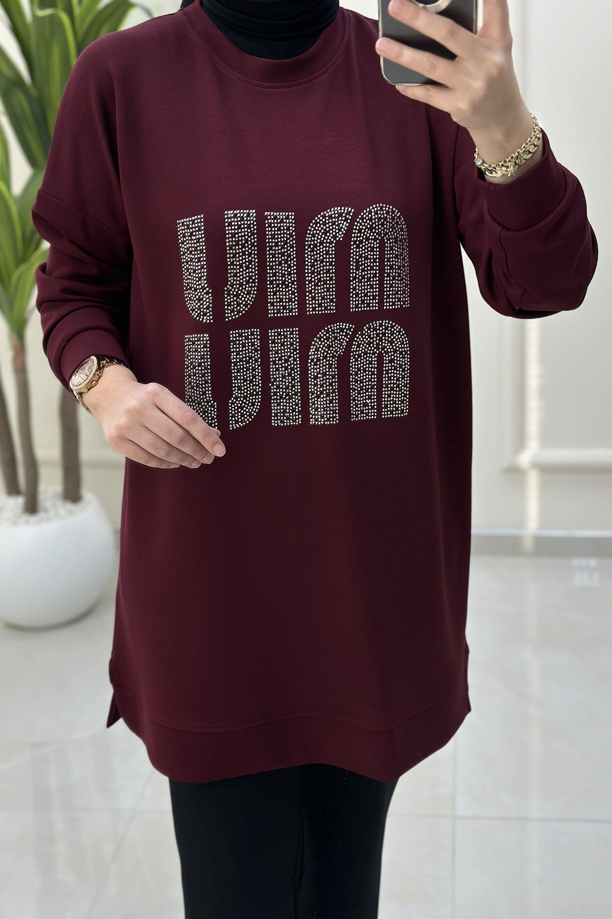 Tesettür Tunik ModelleriDüşük Omuz Önü Taş Detaylı Kadın Oysho Tunik Bordo MLH 8003