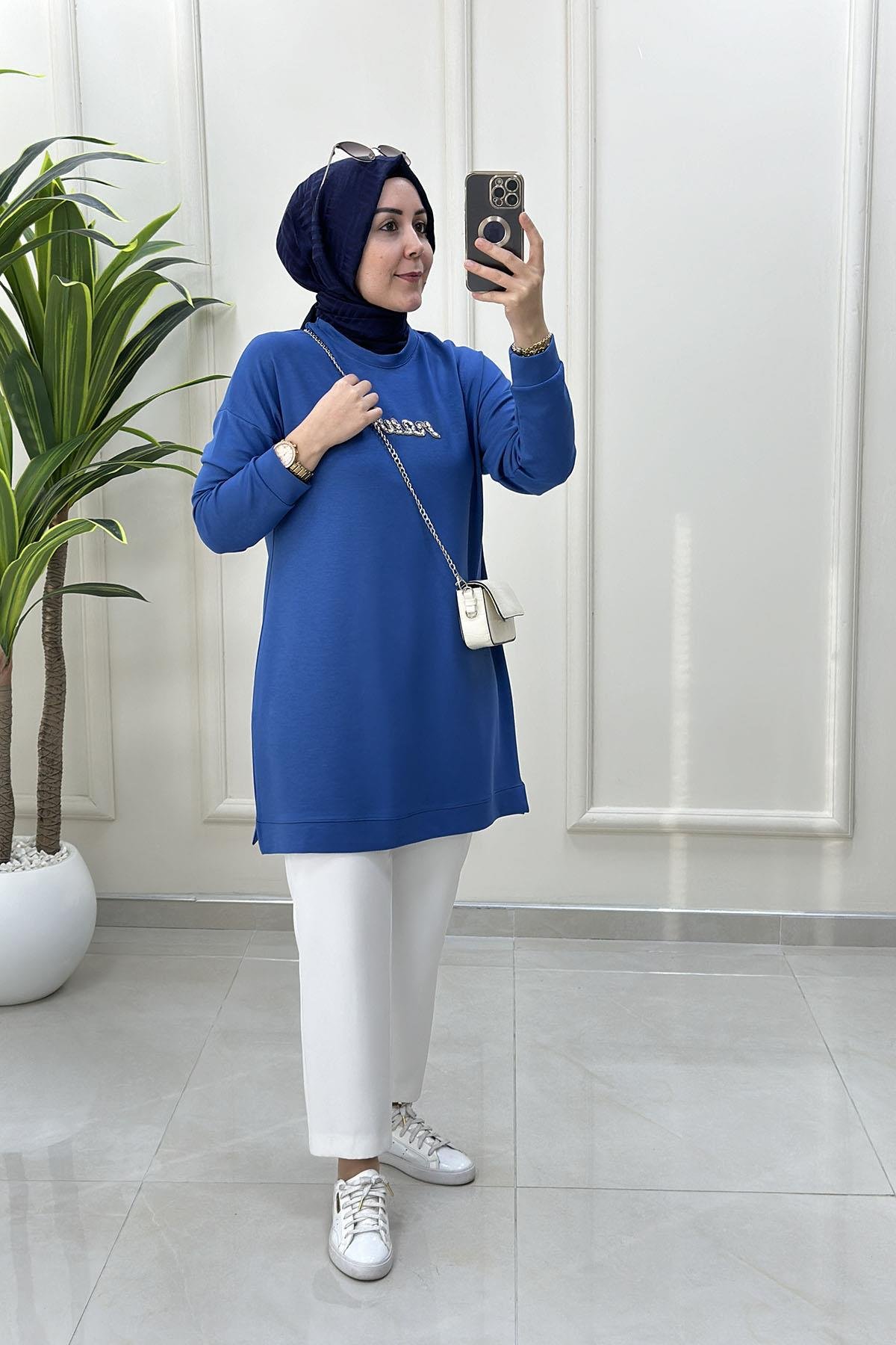 Tesettür Tunik ModelleriDüşük Omuz Önü Taş Detaylı Kadın Oysho Tunik Mavi KADO 257340