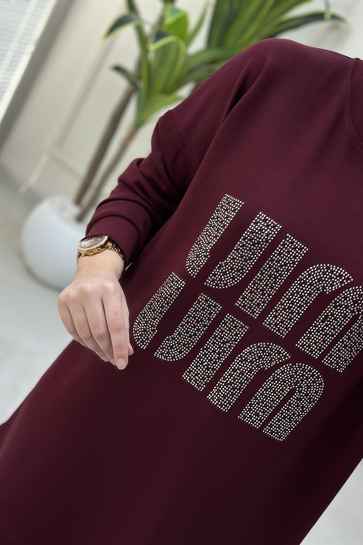Tesettür Tunik ModelleriDüşük Omuz Önü Taş Detaylı Kadın Oysho Tunik Bordo MLH 8003