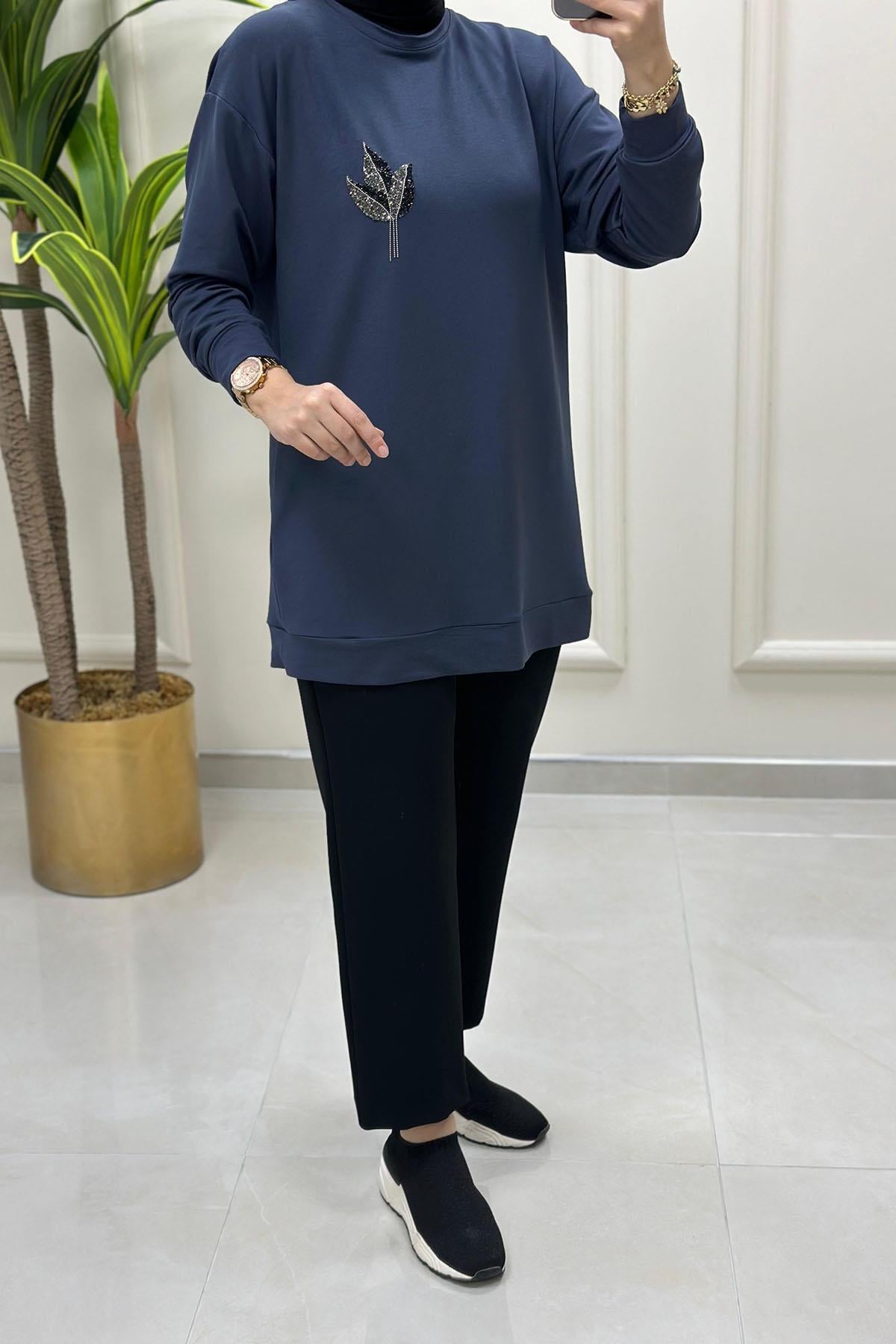 Tesettür Tunik ModelleriDüşük Omuz Önü Laleli Kadın Tunik Antrasit KADO 9667
