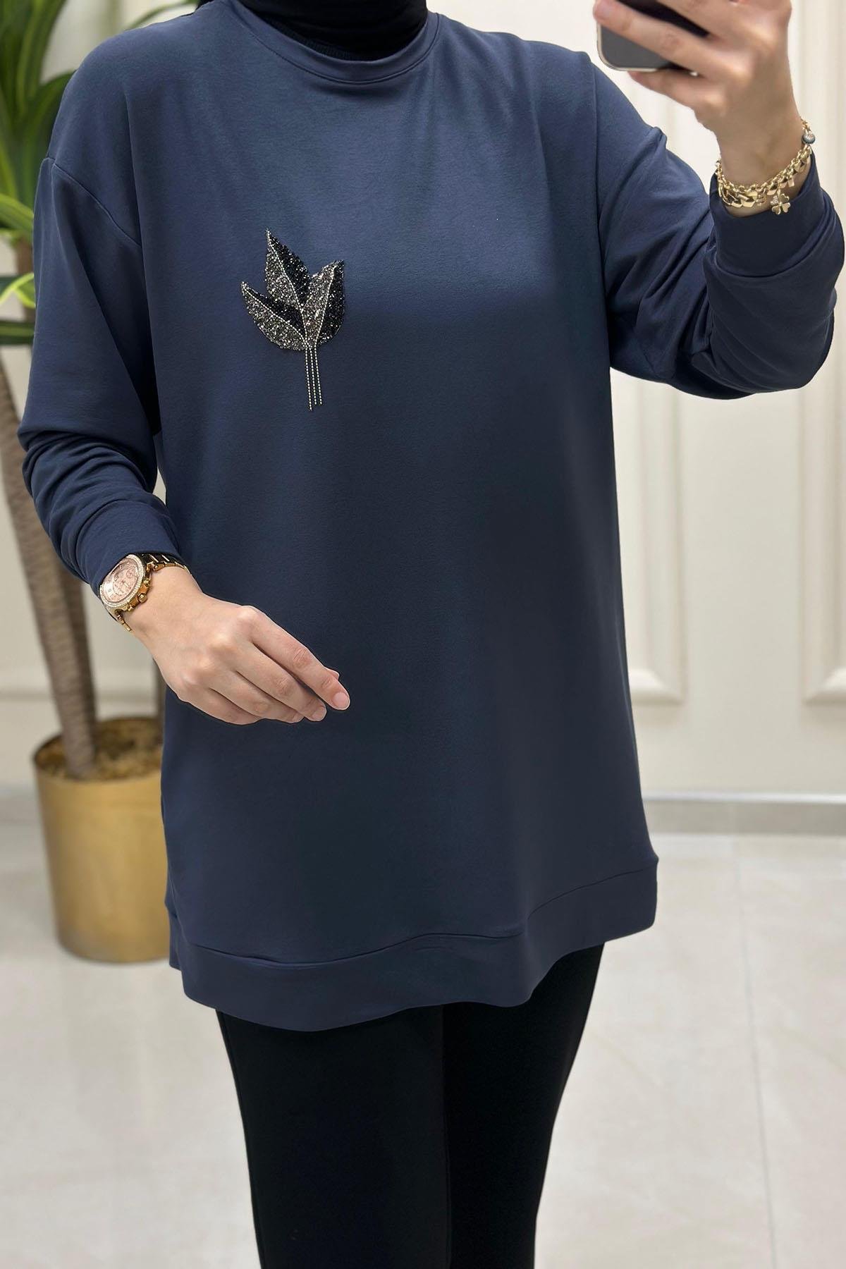 Tesettür Tunik ModelleriDüşük Omuz Önü Laleli Kadın Tunik Antrasit KADO 9667