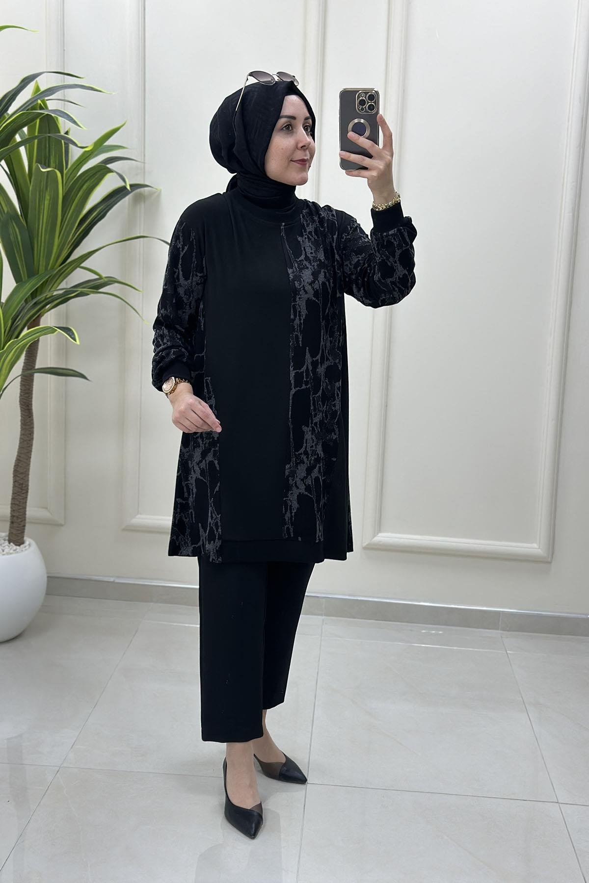 Tesettür Tunik ModelleriDüşük Omuz Örme Triko Desen Garnili Kadın Tunik Siyah-Gri OTTO 3086