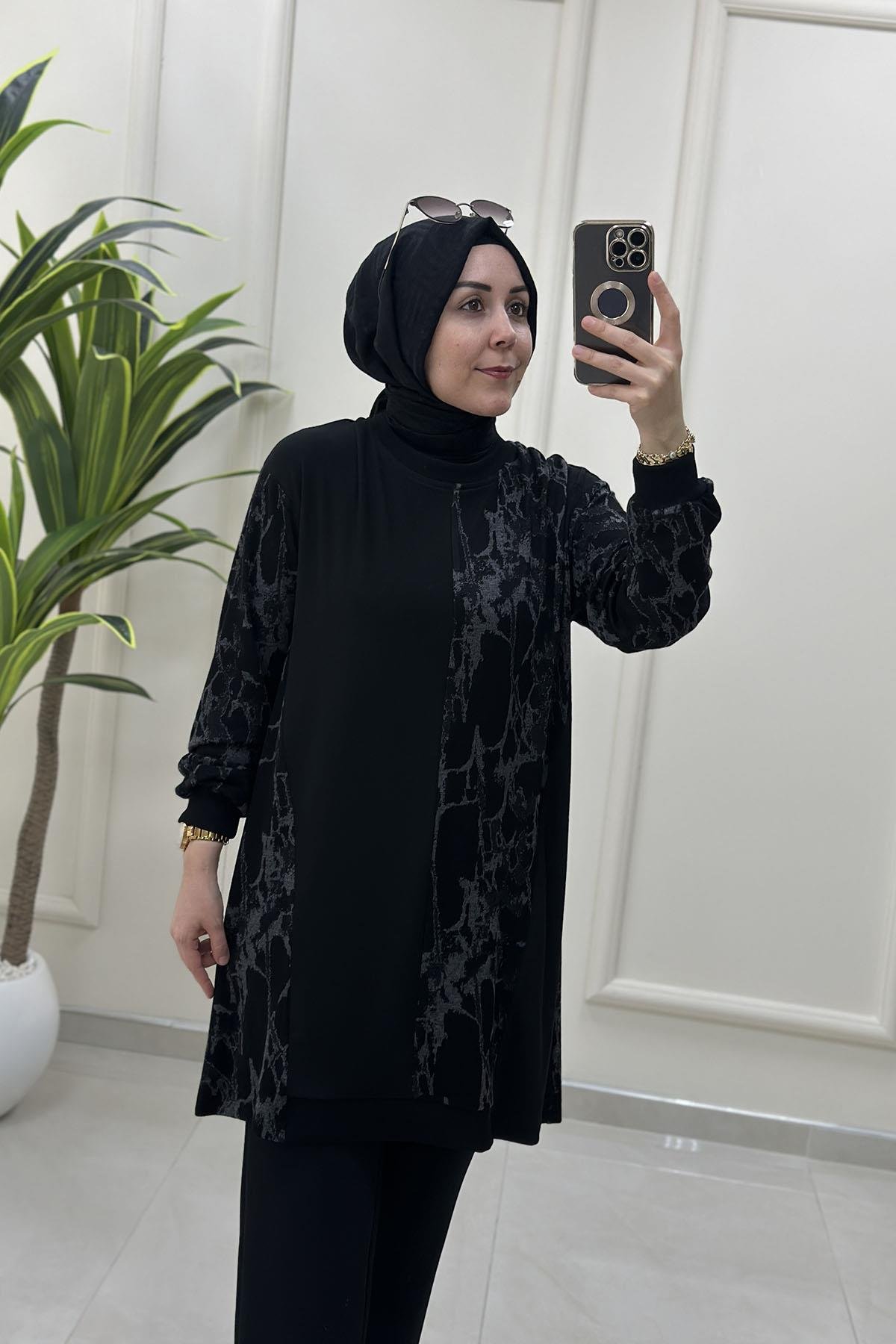 Tesettür Tunik ModelleriDüşük Omuz Örme Triko Desen Garnili Kadın Tunik Siyah-Gri OTTO 3086