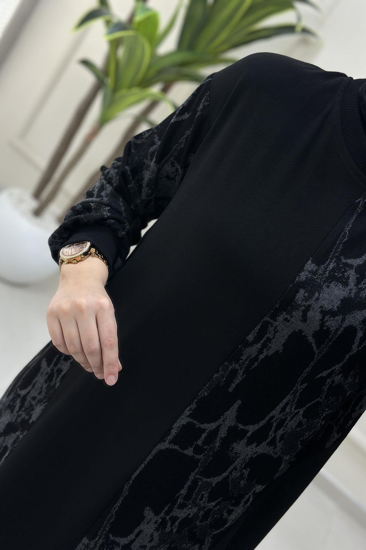 Tesettür Tunik ModelleriDüşük Omuz Örme Triko Desen Garnili Kadın Tunik Siyah-Gri OTTO 3086