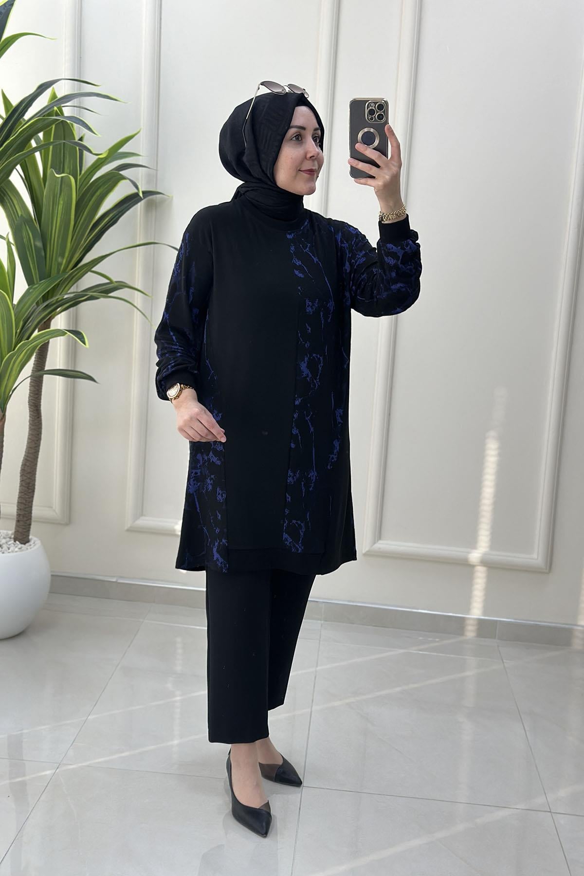 Tesettür Tunik ModelleriDüşük Omuz Örme Triko Desen Garnili Kadın Tunik Siyah-Mavi OTTO 3086