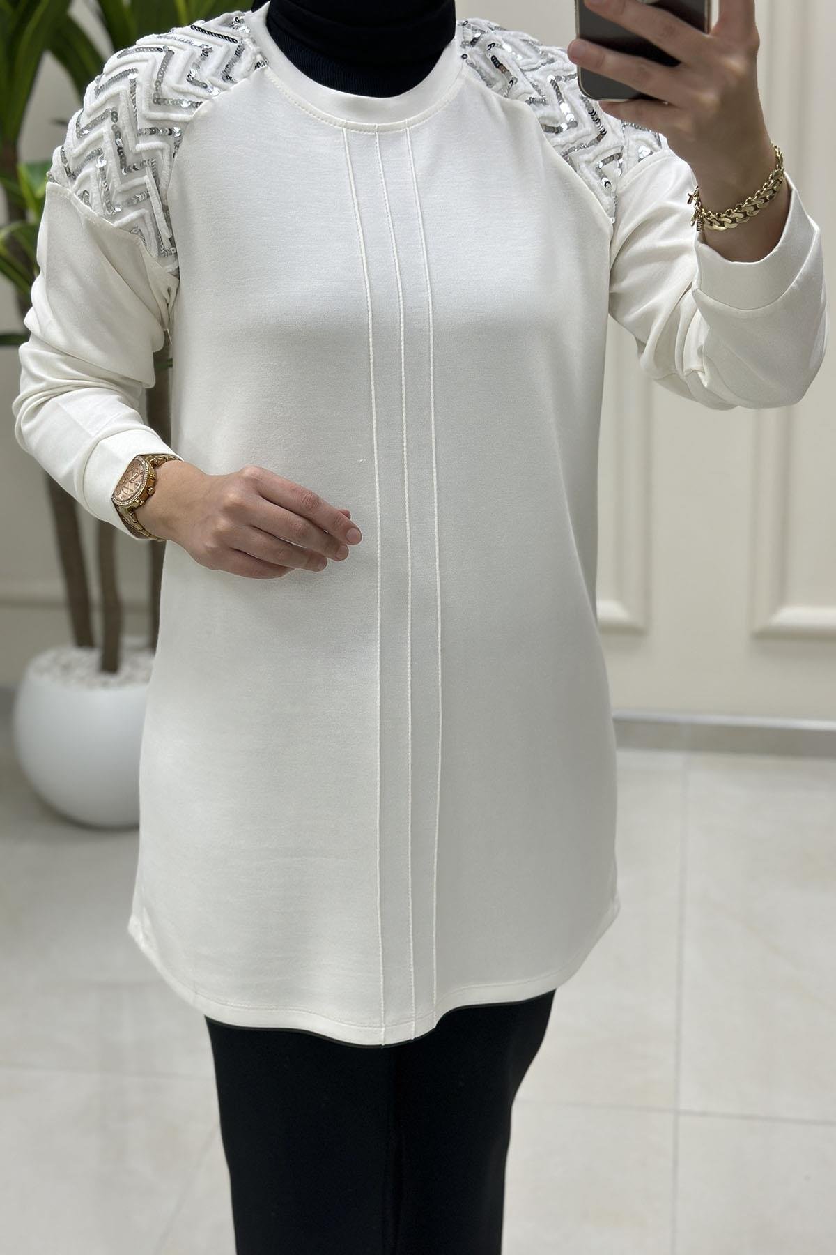 Tesettür Tunik ModelleriDüşük Omuz Pulpayet Detaylı Kadın Oysho Tunik Beyaz KADO 257118