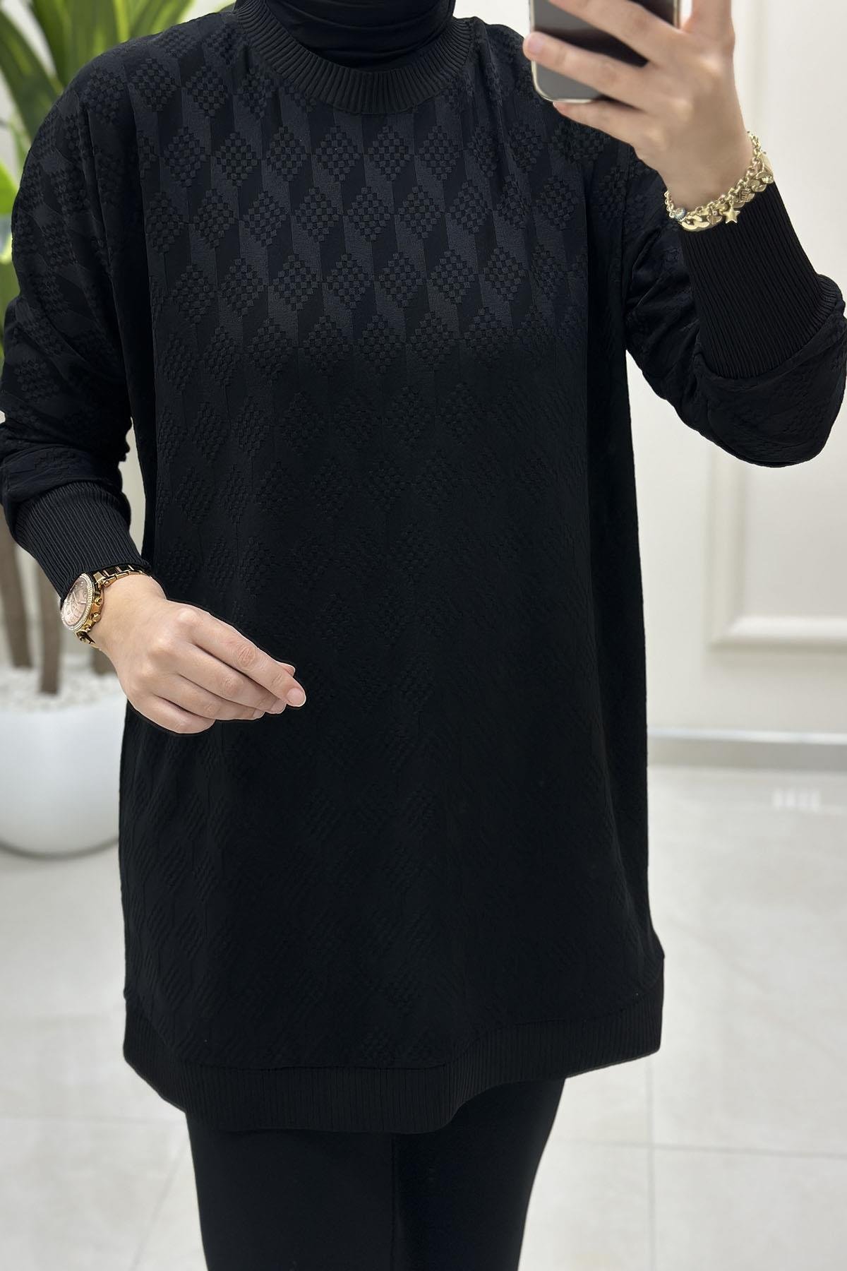 Tesettür Tunik ModelleriDüşük Omuz Ribana Detaylı Kadın Tunik Siyah KADO 257344