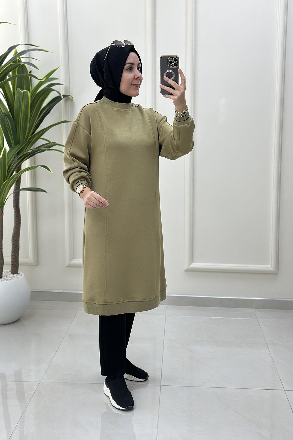 Tesettür Tunik ModelleriDüşük Omuz Ribanalı Oysho Kadın Tunik Yağ Yeşili ALS 5216