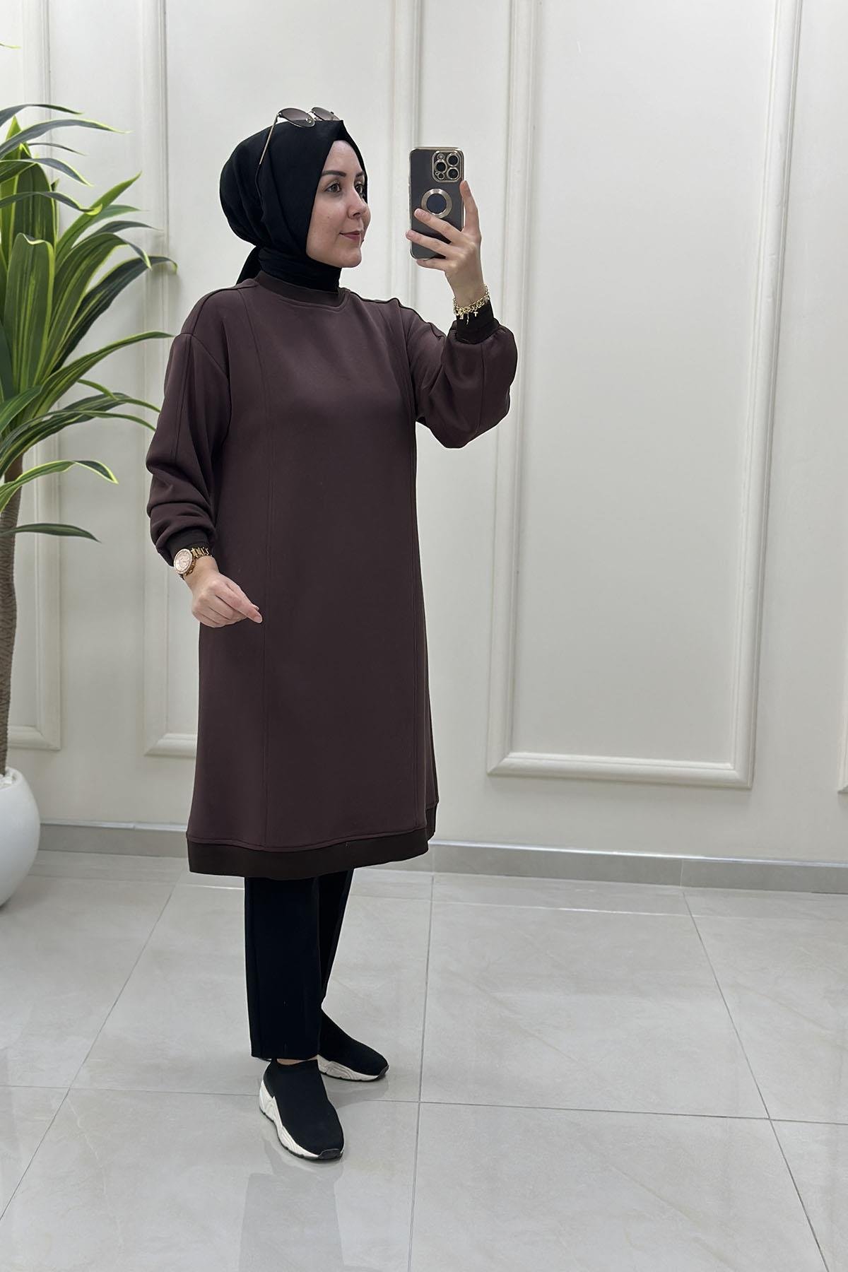 Tesettür Tunik ModelleriDüşük Omuz Ribanalı Oysho Kadın Tunik Kahverengi ALS 5216