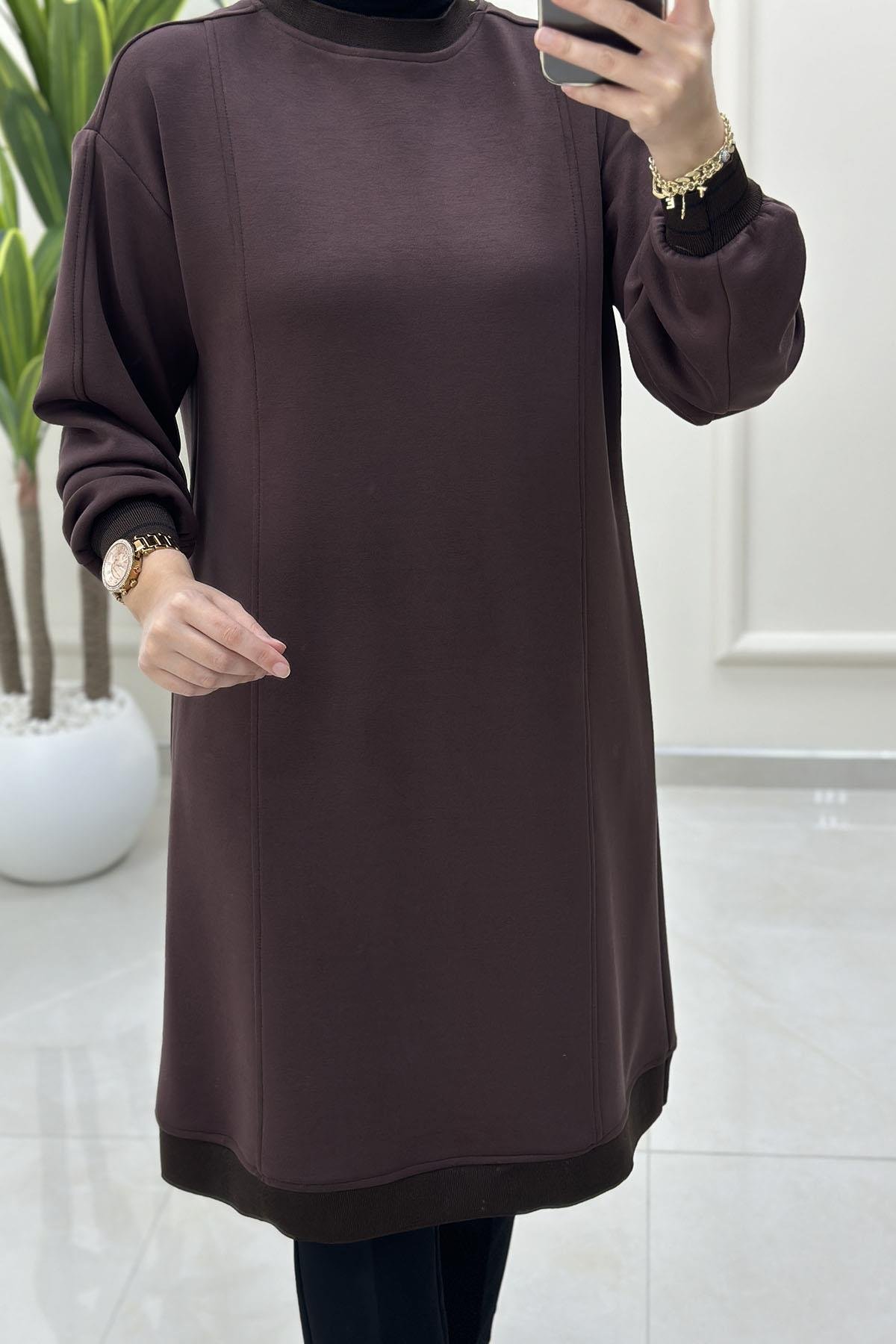 Tesettür Tunik ModelleriDüşük Omuz Ribanalı Oysho Kadın Tunik Kahverengi ALS 5216