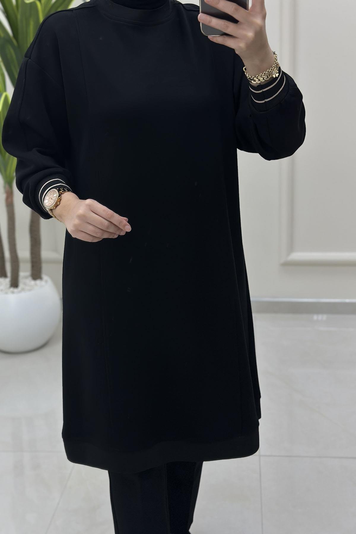Tesettür Tunik ModelleriDüşük Omuz Ribanalı Oysho Kadın Tunik Siyah ALS 5216