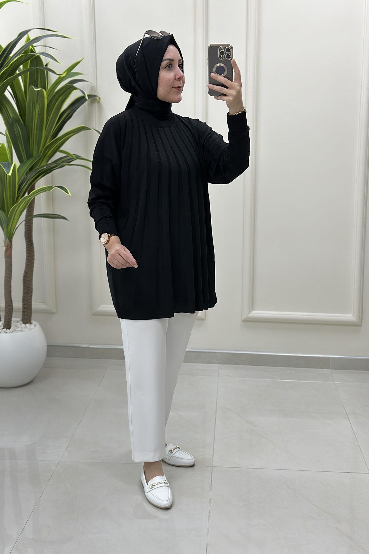 Tesettür Tunik ModelleriDüşük Omuz Şerit Desen Kadın Triko Tunik Siyah KADO 2725509