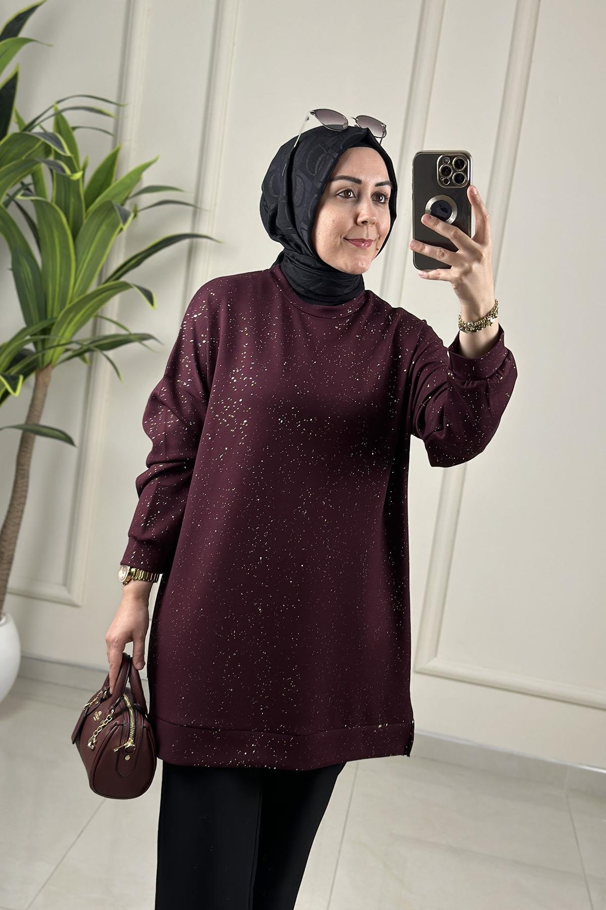 Tesettür Tunik ModelleriDüşük Omuz Sim Detaylı Kadın Oysho Tunik Bordo GNR 230
