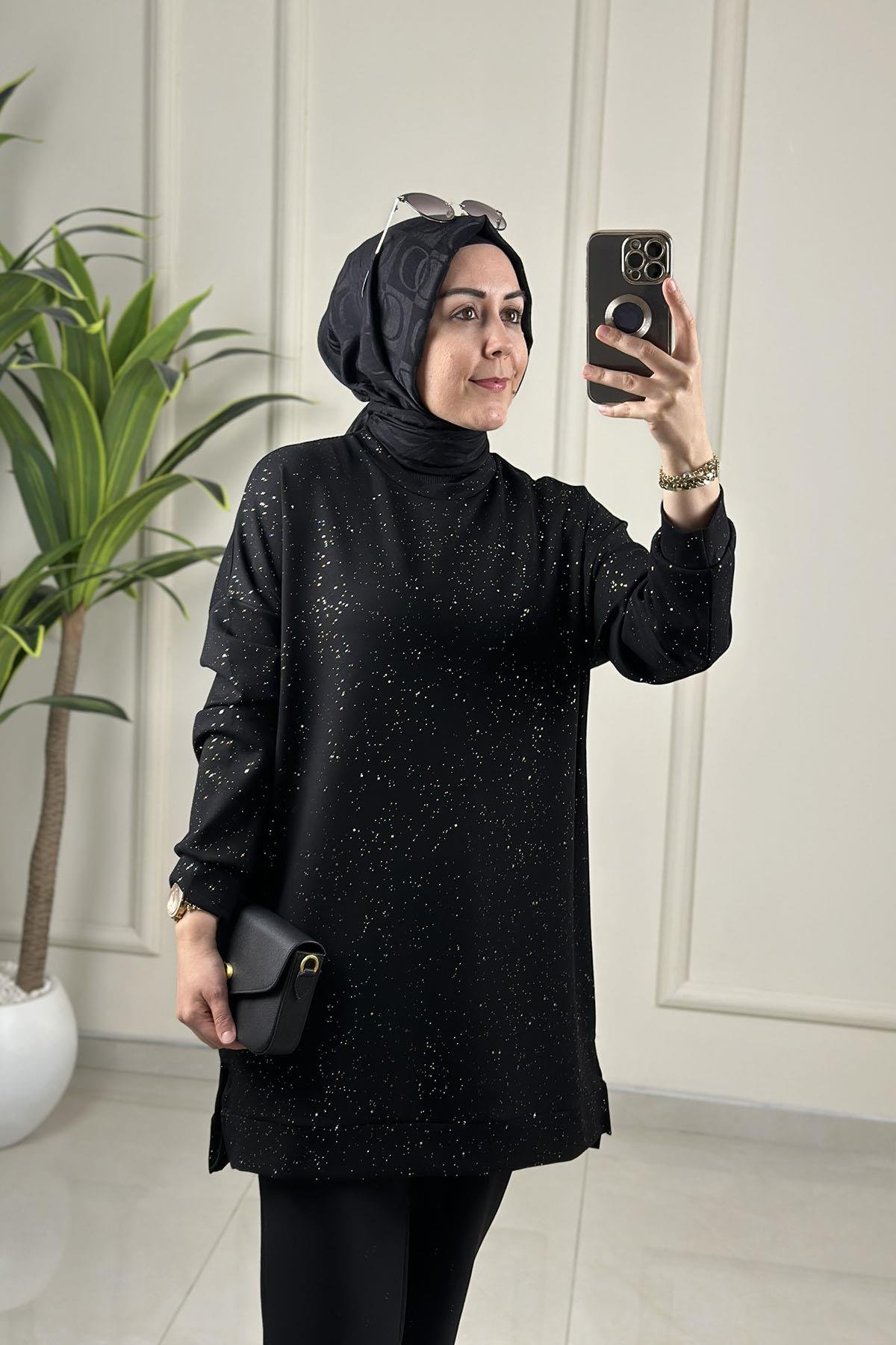 Tesettür Tunik ModelleriDüşük Omuz Sim Detaylı Kadın Oysho Tunik Siyah GNR 230