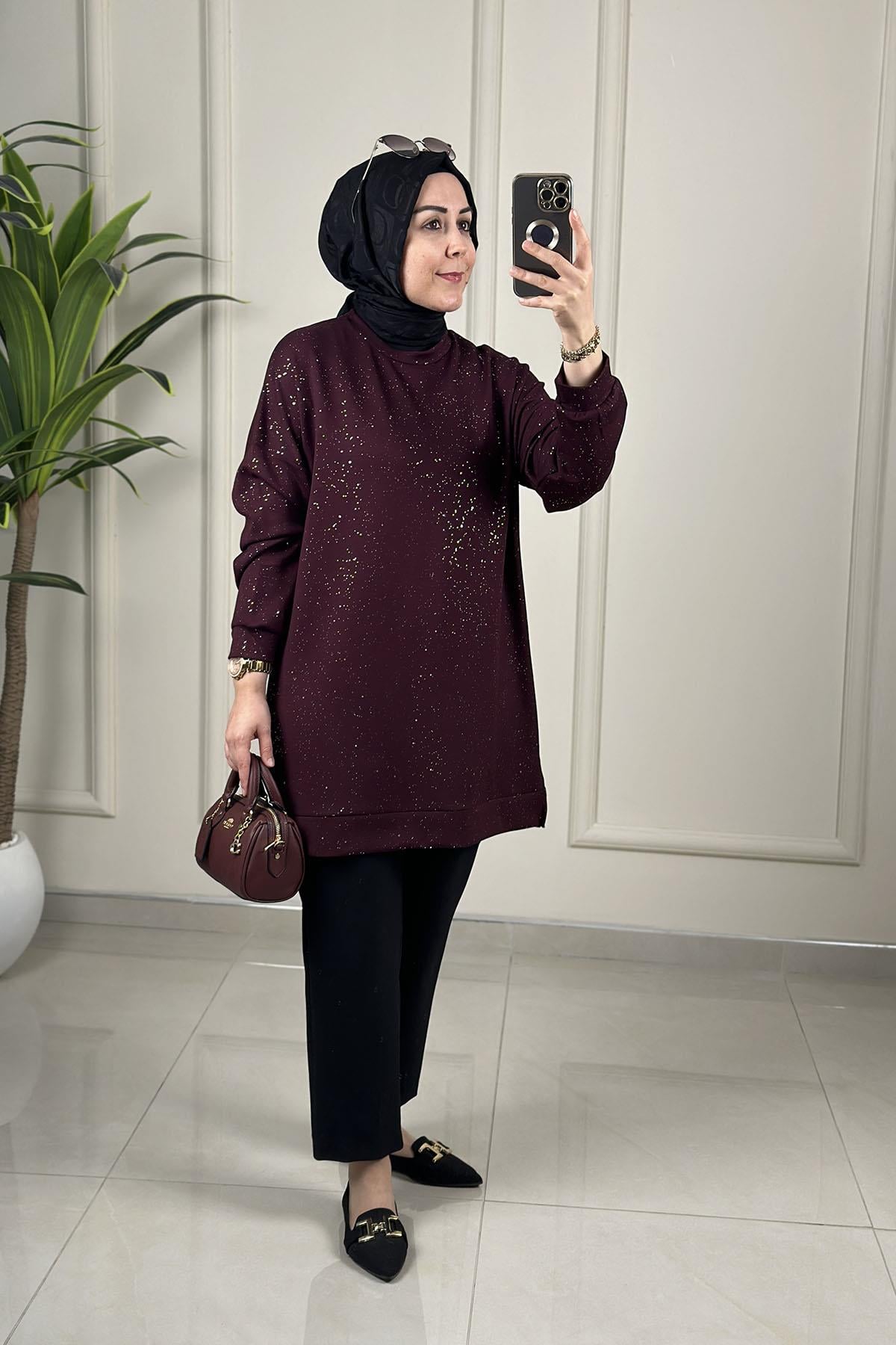 Tesettür Tunik ModelleriDüşük Omuz Sim Detaylı Kadın Oysho Tunik Bordo GNR 230