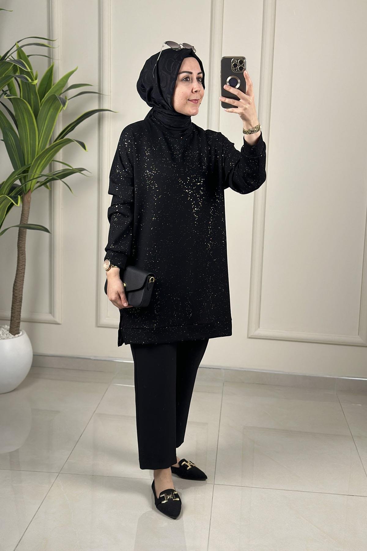 Tesettür Tunik ModelleriDüşük Omuz Sim Detaylı Kadın Oysho Tunik Siyah GNR 230