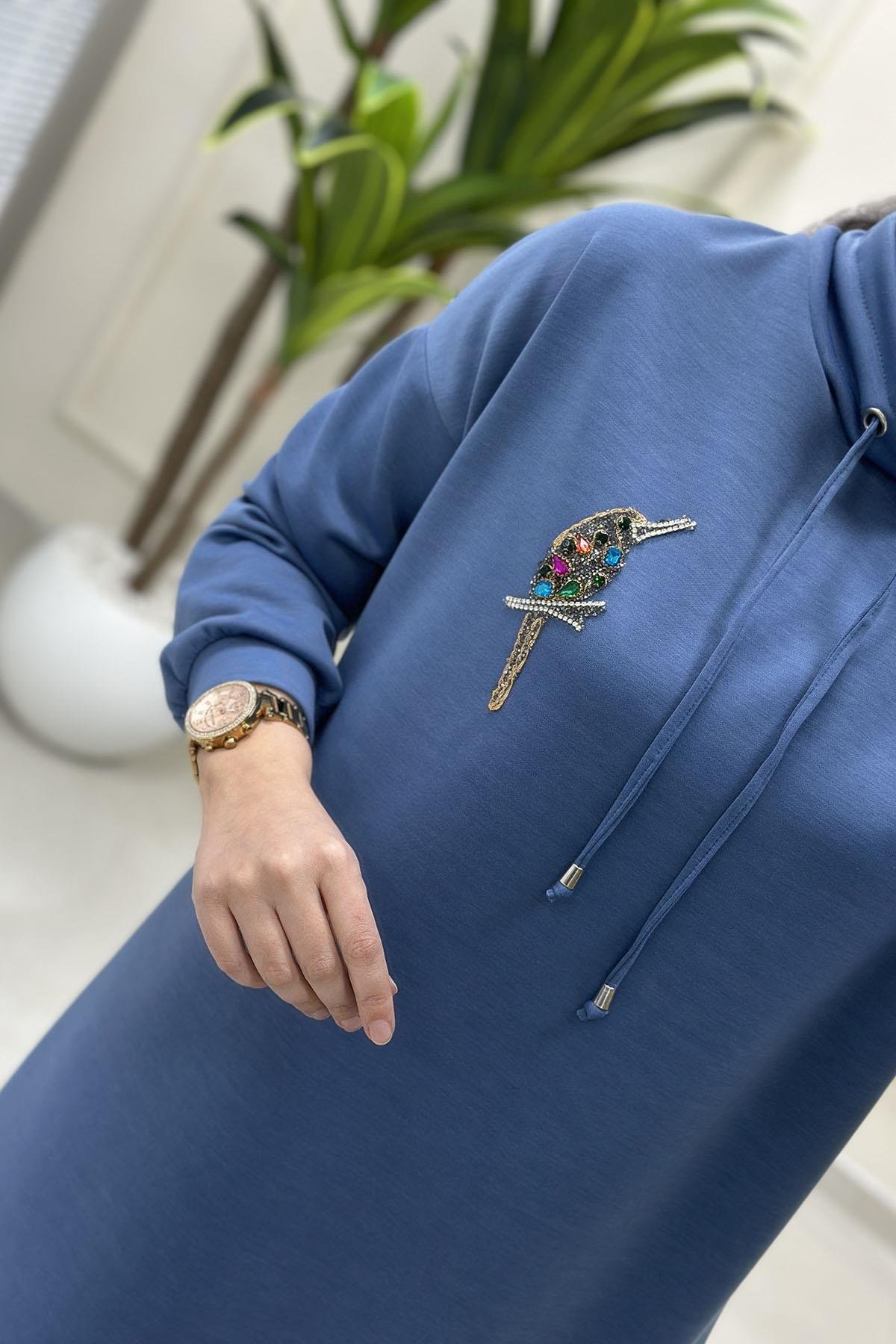 Tesettür Tunik ModelleriDüşük Omuz Taşlı Kuş Baskılı Kadın Oysho Tunik İndigo MSE 3267