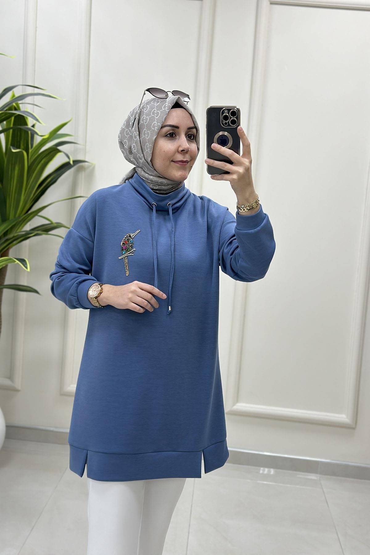 Tesettür Tunik ModelleriDüşük Omuz Taşlı Kuş Baskılı Kadın Oysho Tunik İndigo MSE 3267