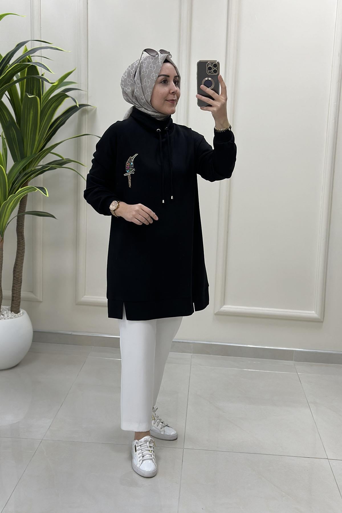 Tesettür Tunik ModelleriDüşük Omuz Taşlı Kuş Baskılı Kadın Oysho Tunik Siyah MSE 3267