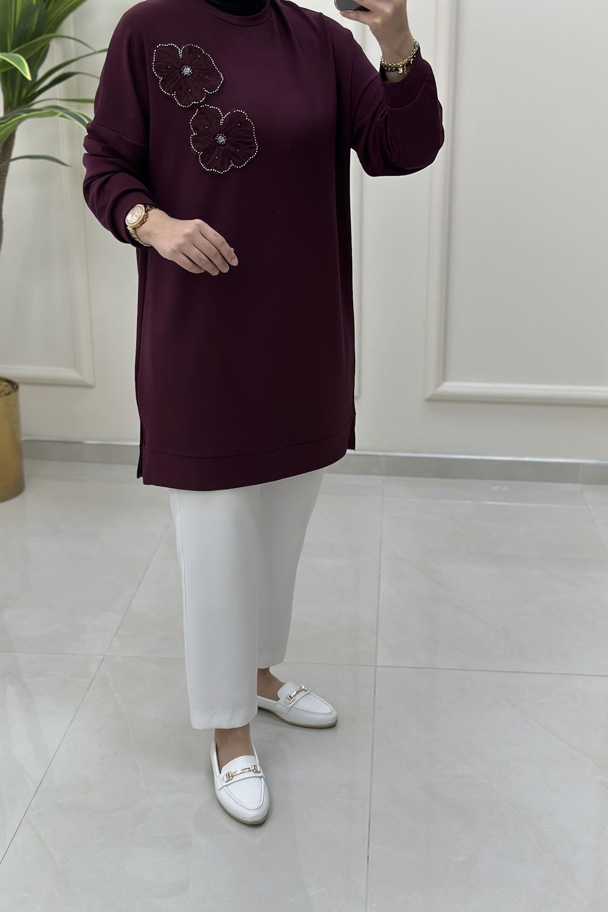 Tesettür Tunik ModelleriDüşük Omuz Tül Çiçek Motif Detaylı Kadın Tunik Bordo GNR 216