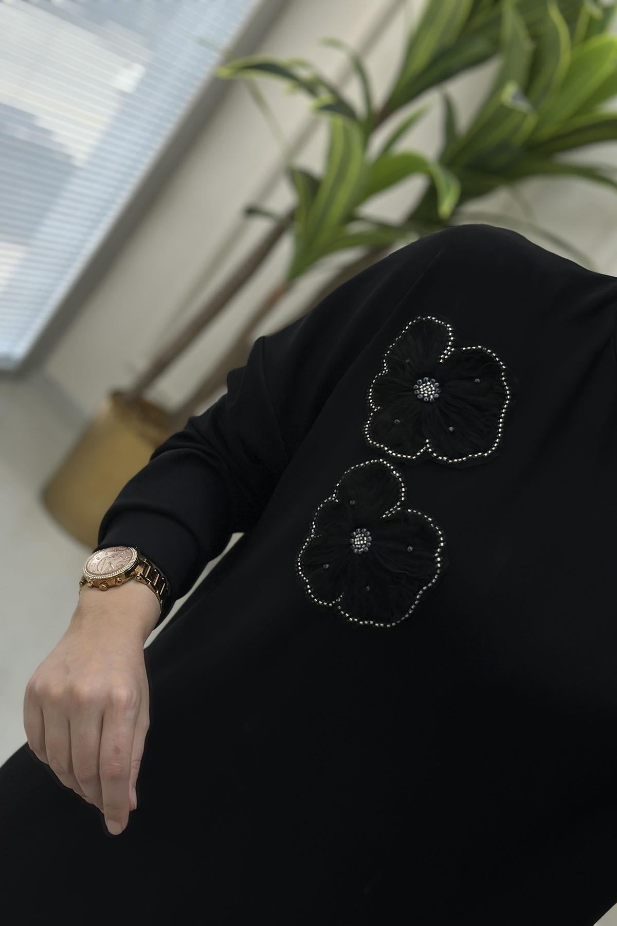 Tesettür Tunik ModelleriDüşük Omuz Tül Çiçek Motif Detaylı Kadın Tunik Siyah GNR 216