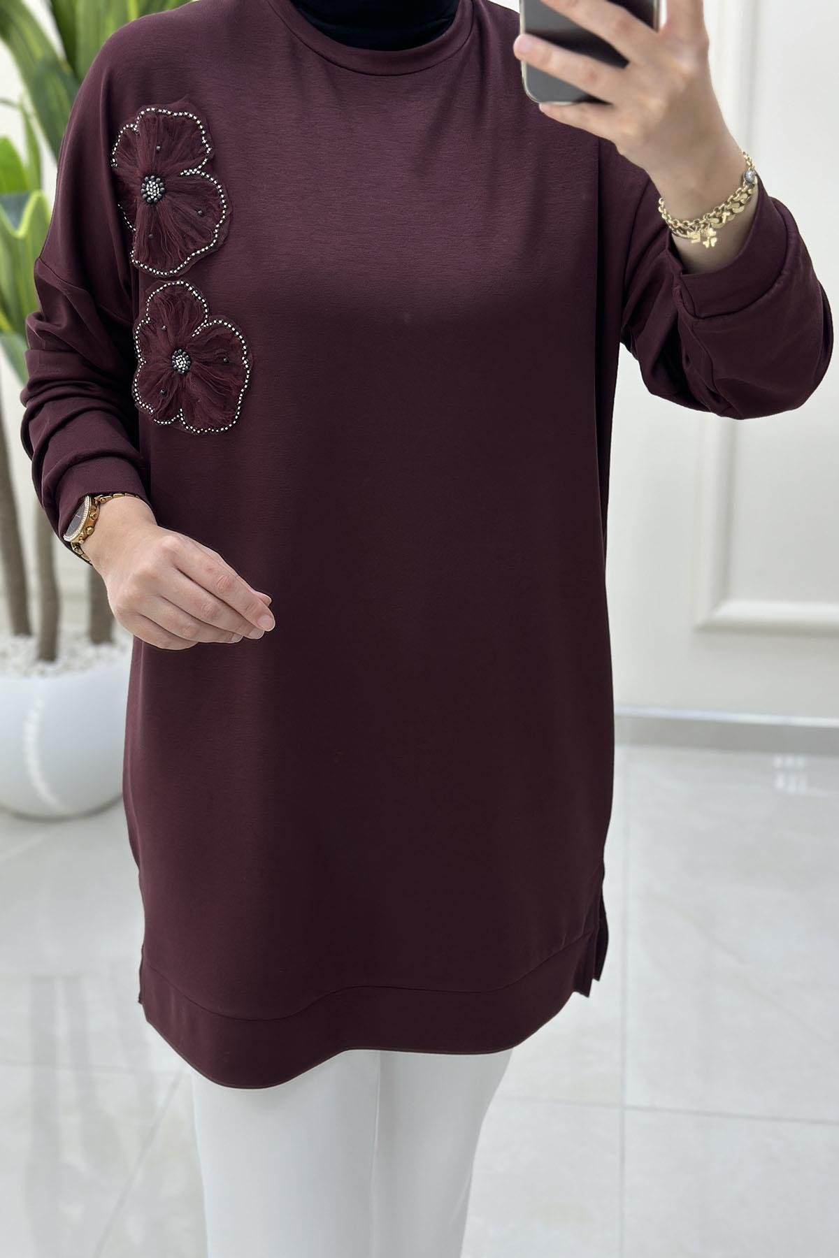 Tesettür Tunik ModelleriDüşük Omuz Tül Çiçek Motif Detaylı Kadın Tunik Açık Bordo GNR 216