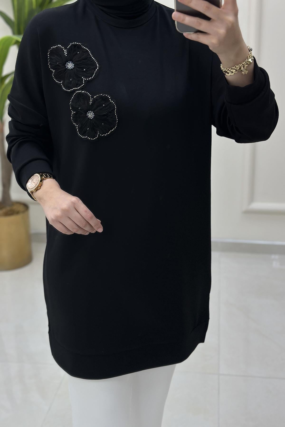 Tesettür Tunik ModelleriDüşük Omuz Tül Çiçek Motif Detaylı Kadın Tunik Siyah GNR 216