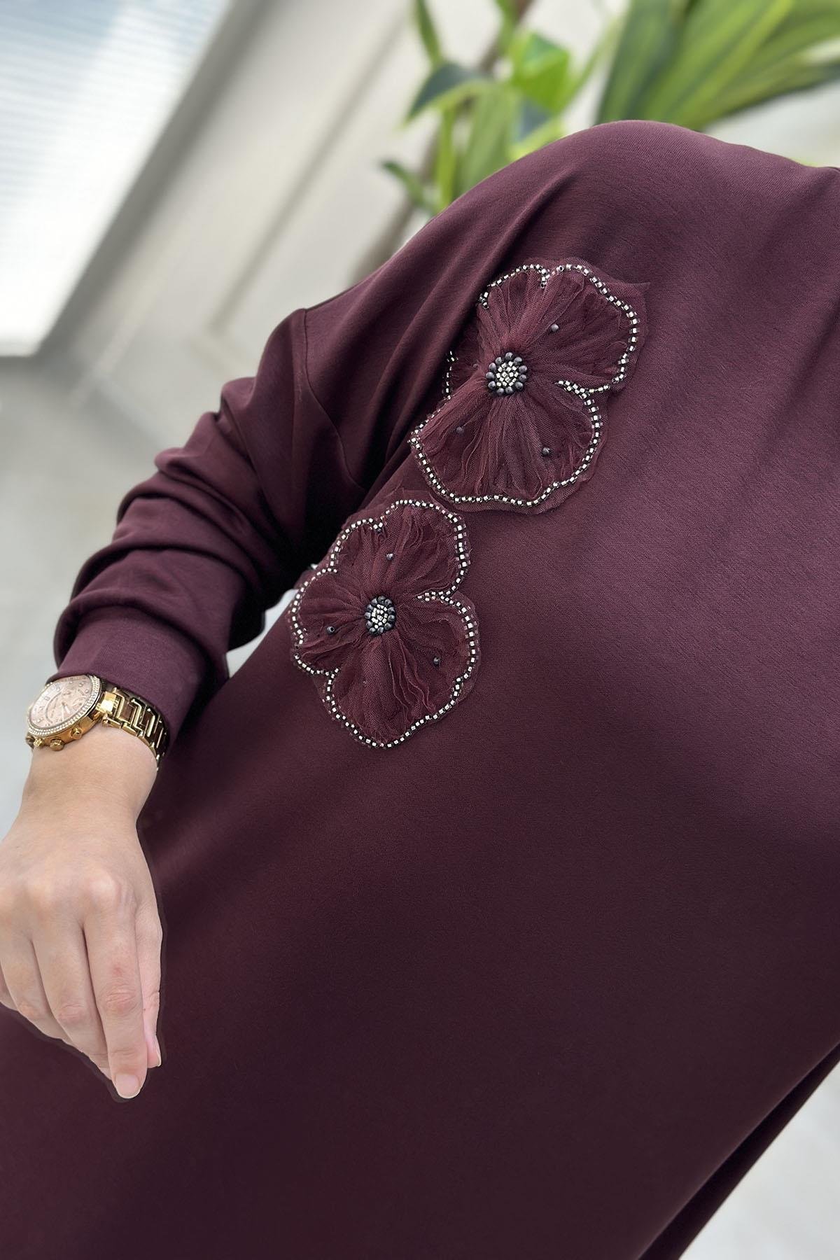 Tesettür Tunik ModelleriDüşük Omuz Tül Çiçek Motif Detaylı Kadın Tunik Açık Bordo GNR 216