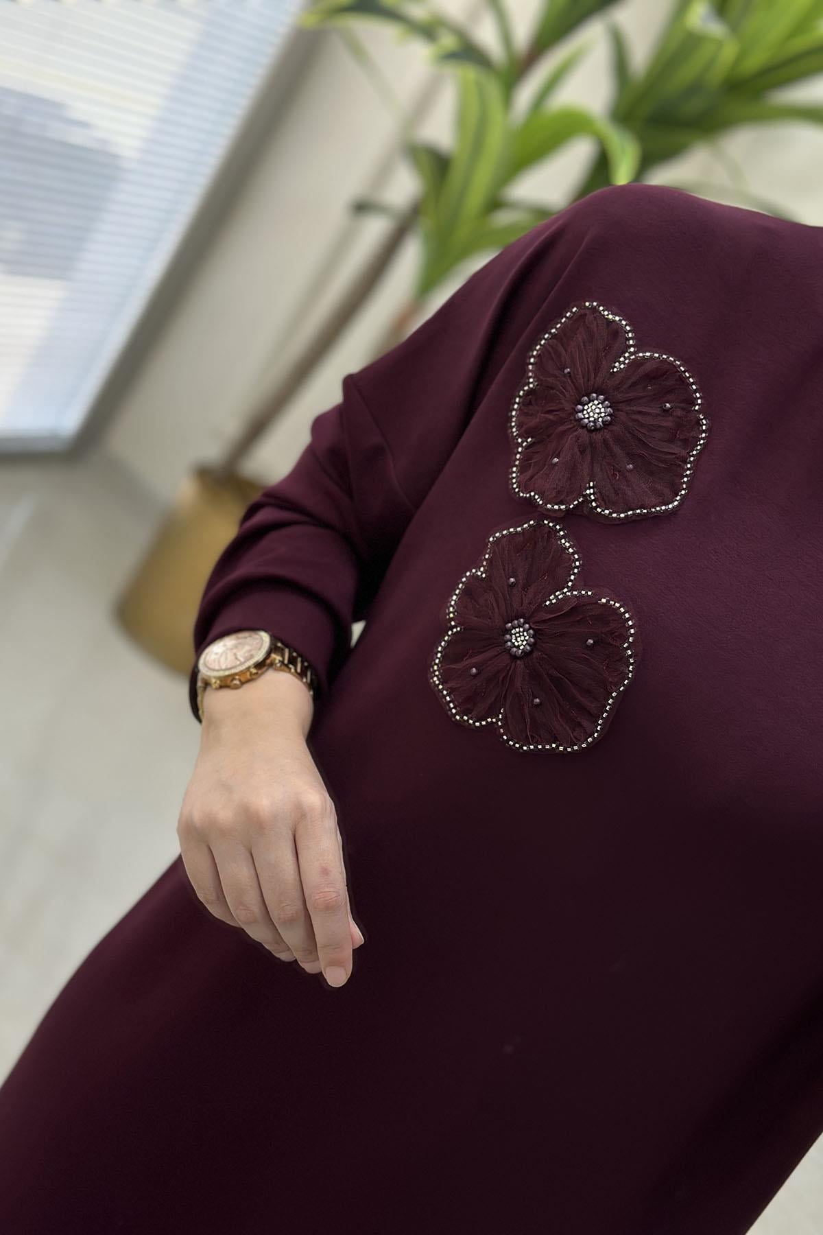 Tesettür Tunik ModelleriDüşük Omuz Tül Çiçek Motif Detaylı Kadın Tunik Bordo GNR 216