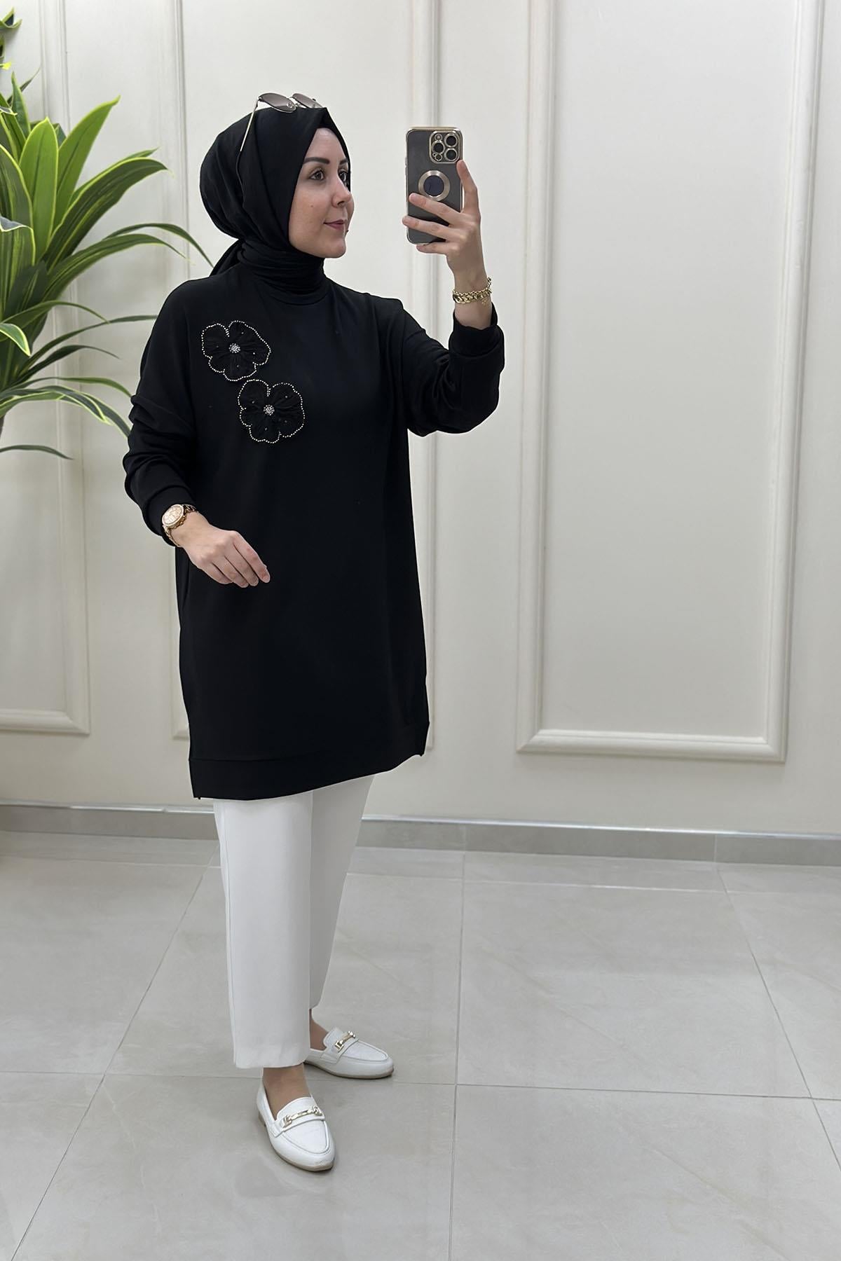 Tesettür Tunik ModelleriDüşük Omuz Tül Çiçek Motif Detaylı Kadın Tunik Siyah GNR 216