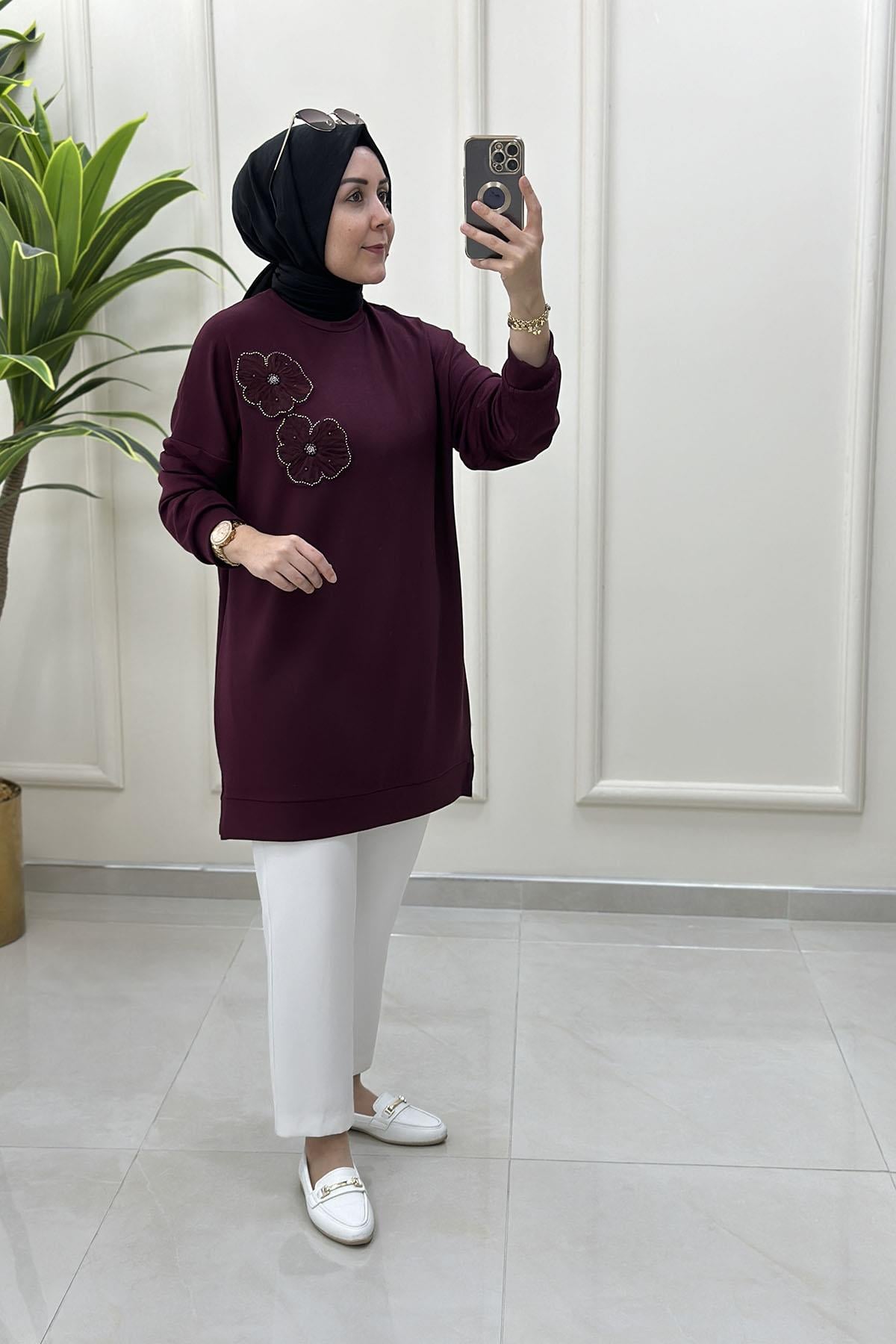 Tesettür Tunik ModelleriDüşük Omuz Tül Çiçek Motif Detaylı Kadın Tunik Bordo GNR 216