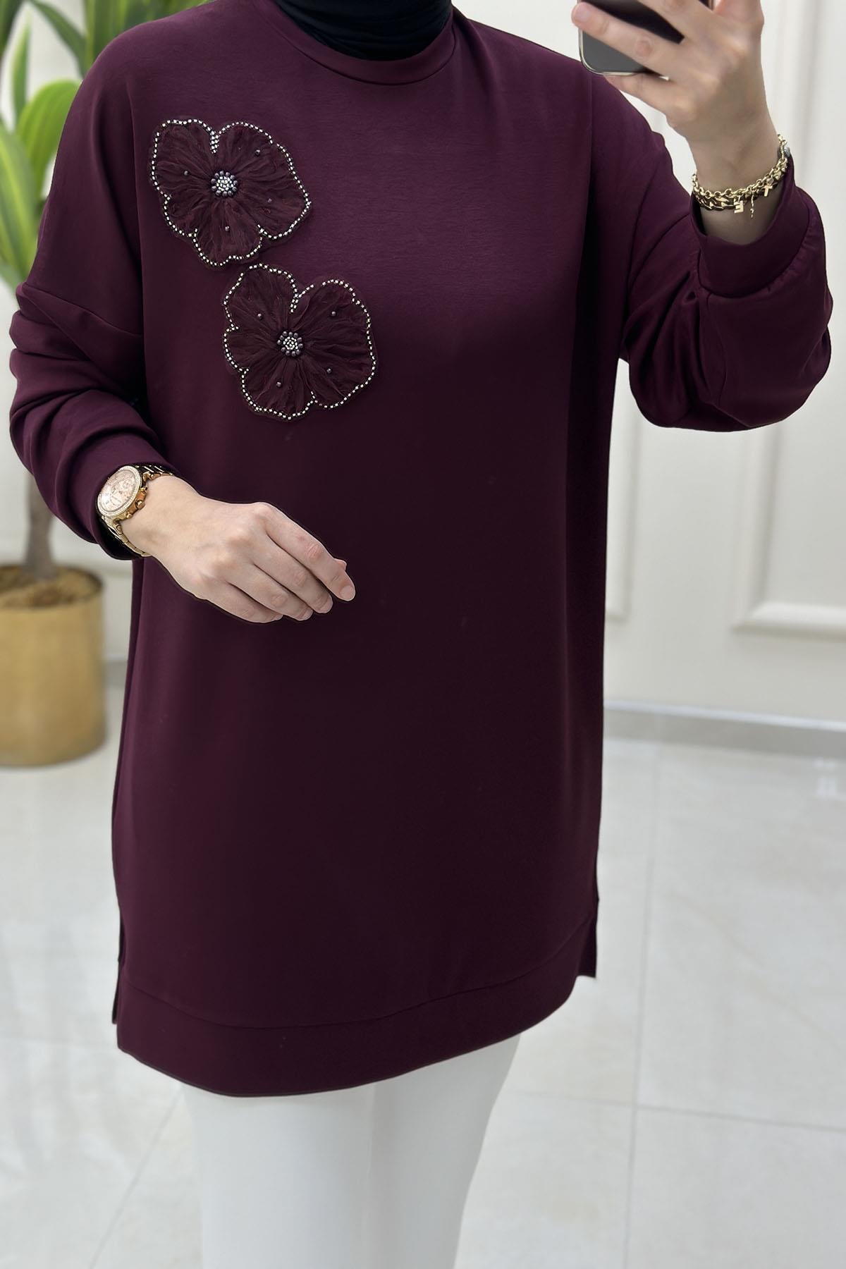 Tesettür Tunik ModelleriDüşük Omuz Tül Çiçek Motif Detaylı Kadın Tunik Bordo GNR 216