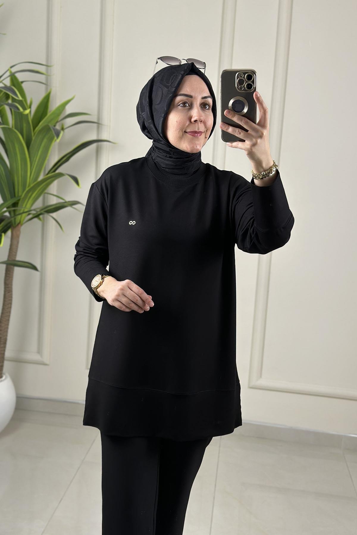 Tesettür Tunik ModelleriDüşük Omuz Yaka Ribanalı Basic Kadın Tunik Siyah KADO 257563