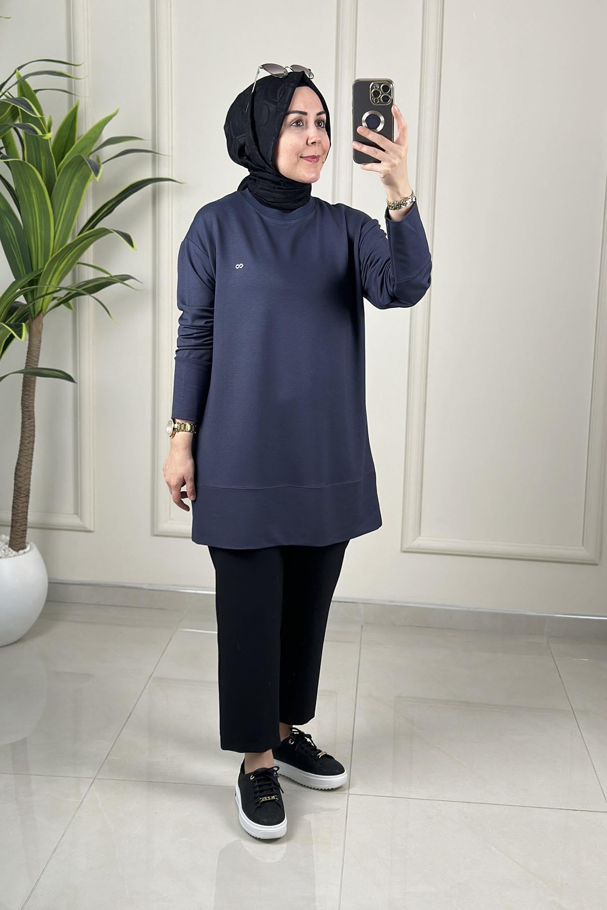 Tesettür Tunik ModelleriDüşük Omuz Yaka Ribanalı Basic Kadın Tunik Antrasit KADO 257563