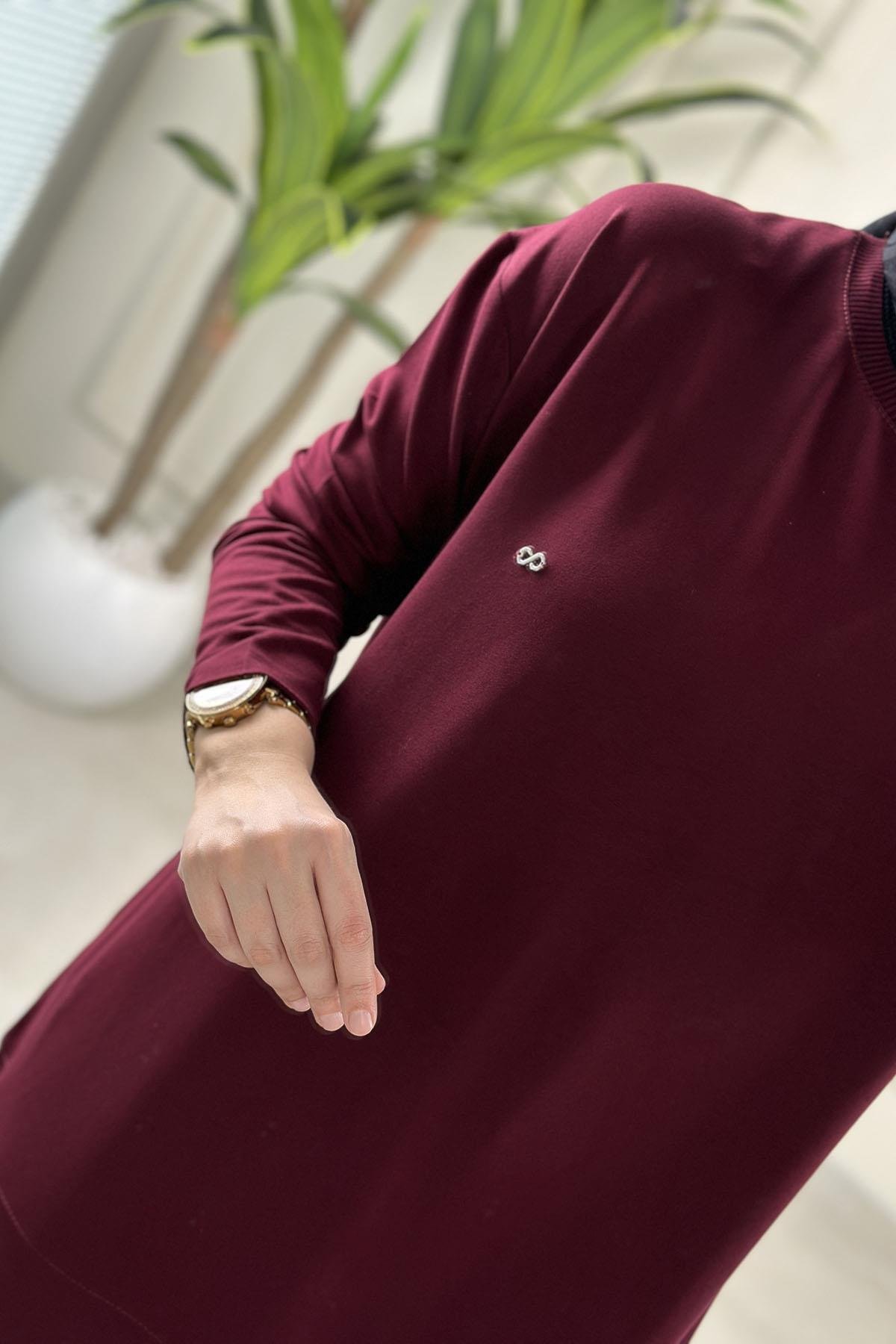 Tesettür Tunik ModelleriDüşük Omuz Yaka Ribanalı Basic Kadın Tunik Bordo KADO 257563